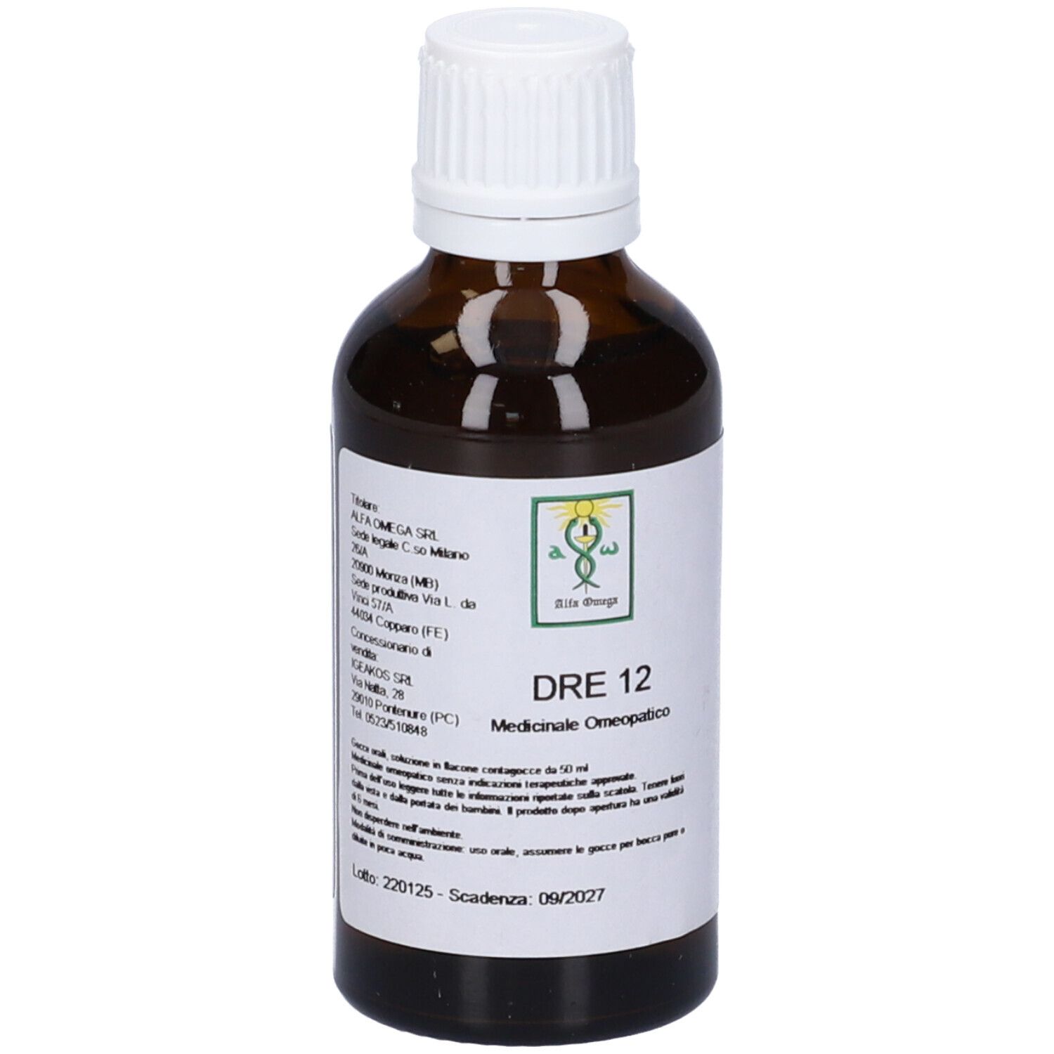 Flacone di vetro marrone con tappo bianco. Etichetta con testo e logo. Scritta: DRE 12, Medicinale Omeopatico, informazioni produttore.