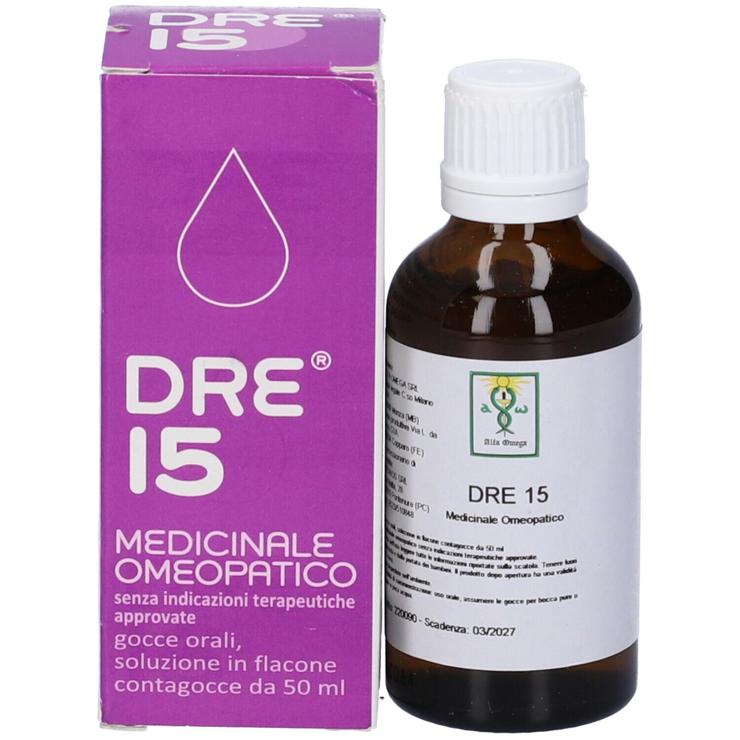 Flacone di vetro marrone con tappo bianco e scatola viola. Sulla scatola: DRE 15, Medicinale omeopatico.
