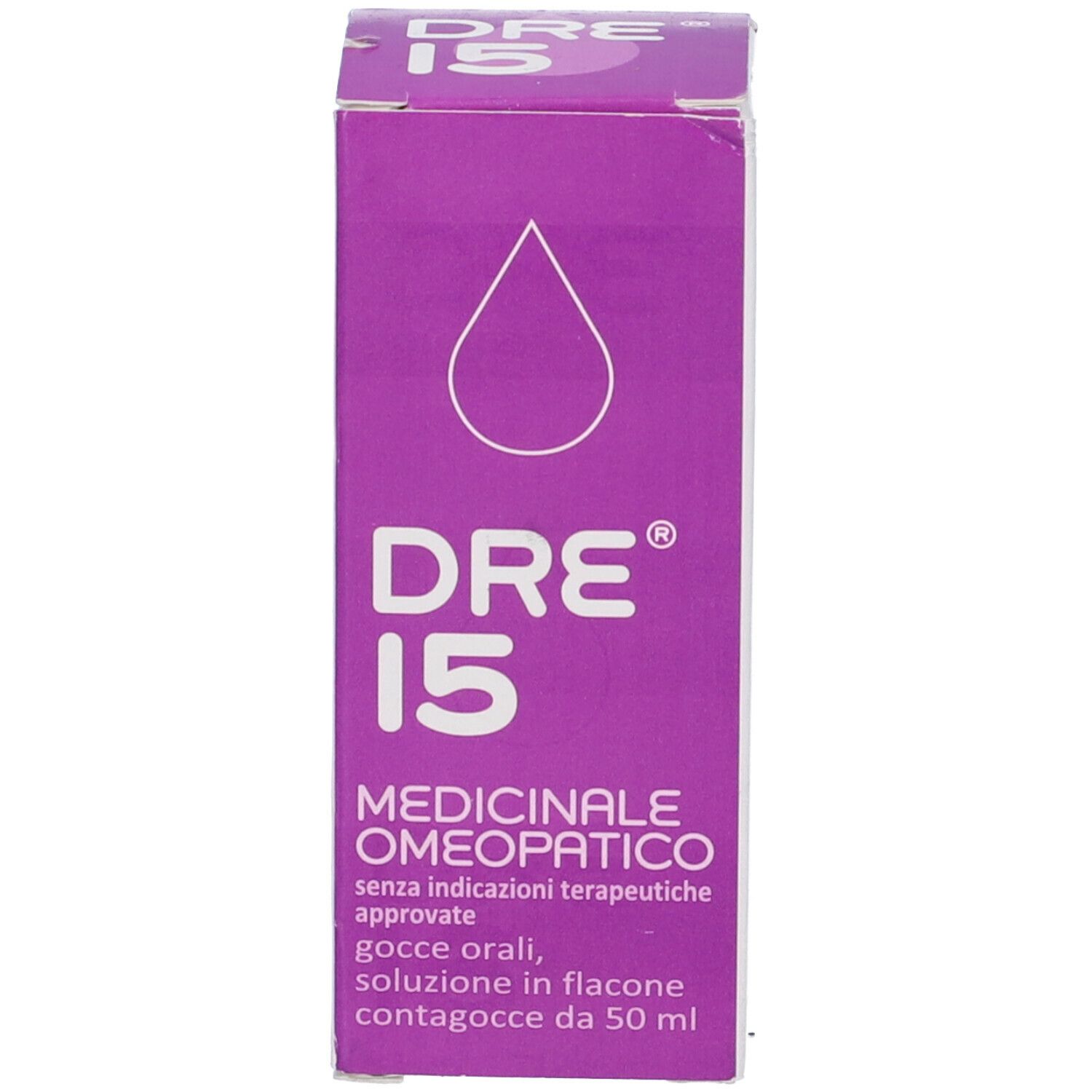 Scatola viola con testo: DRE 15, Medicinale omeopatico. Simbolo di goccia.