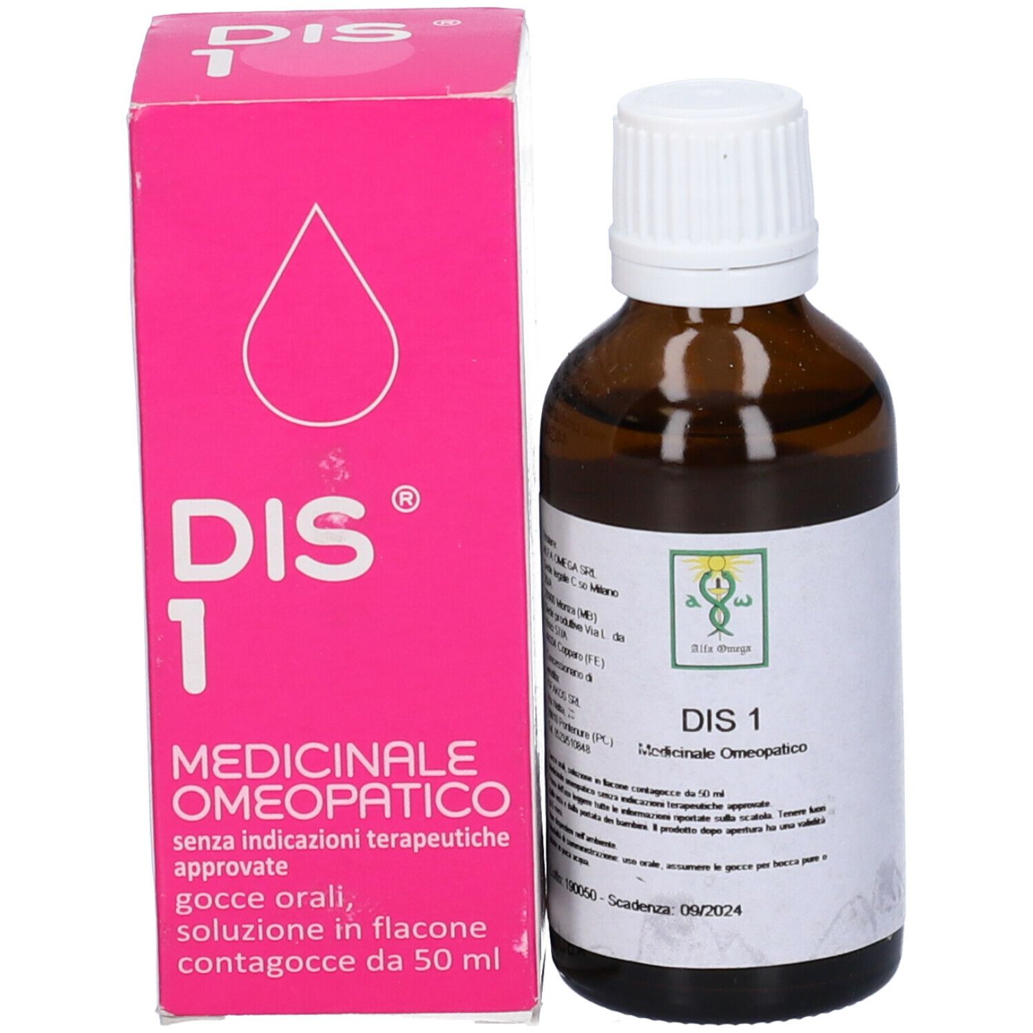 Confezione e flacone. Scatola rosa con testo: DIS 1, Medicinale Omeopatico. Flacone marrone.