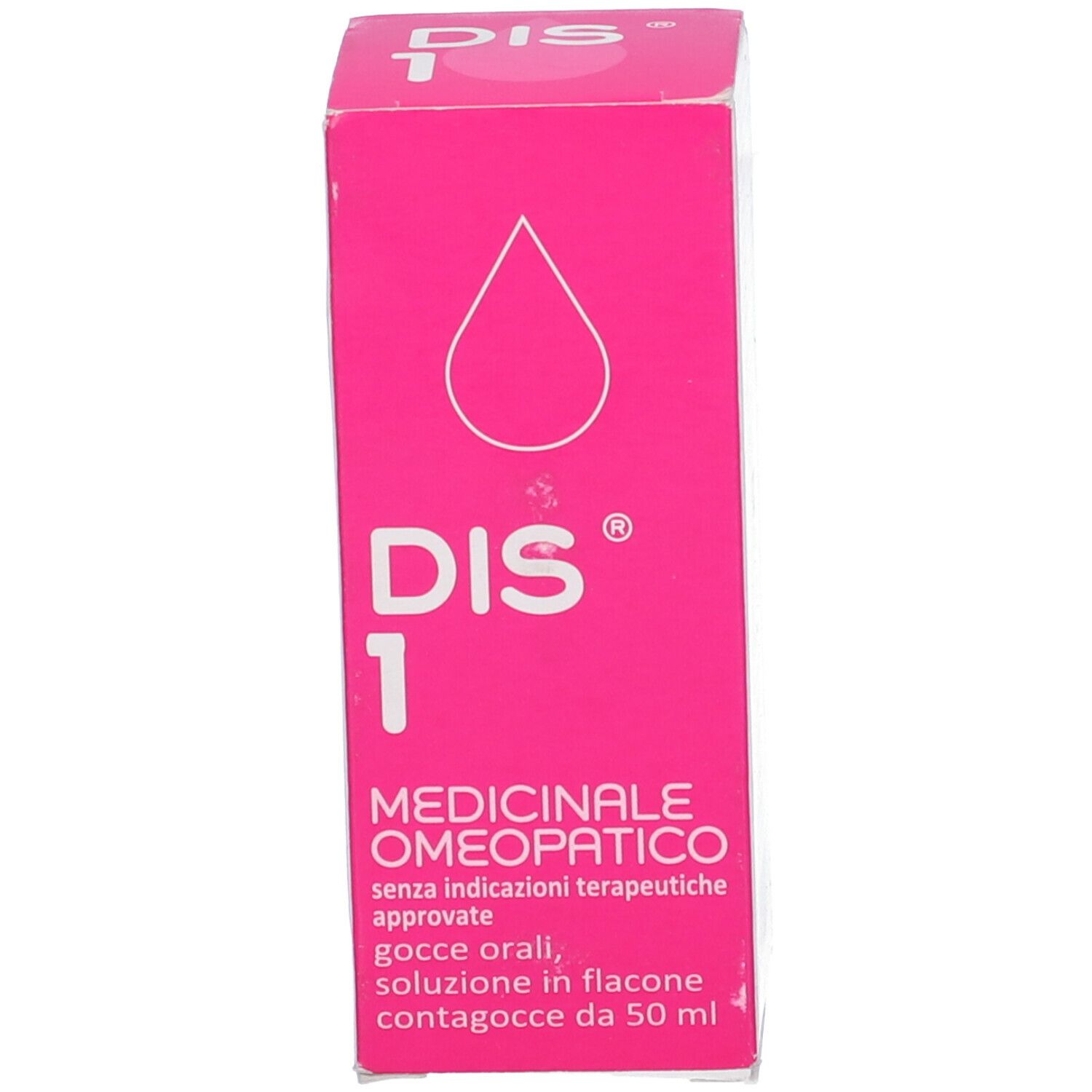 Scatola rosa con testo: DIS 1, Medicinale Omeopatico. Simbolo di goccia.