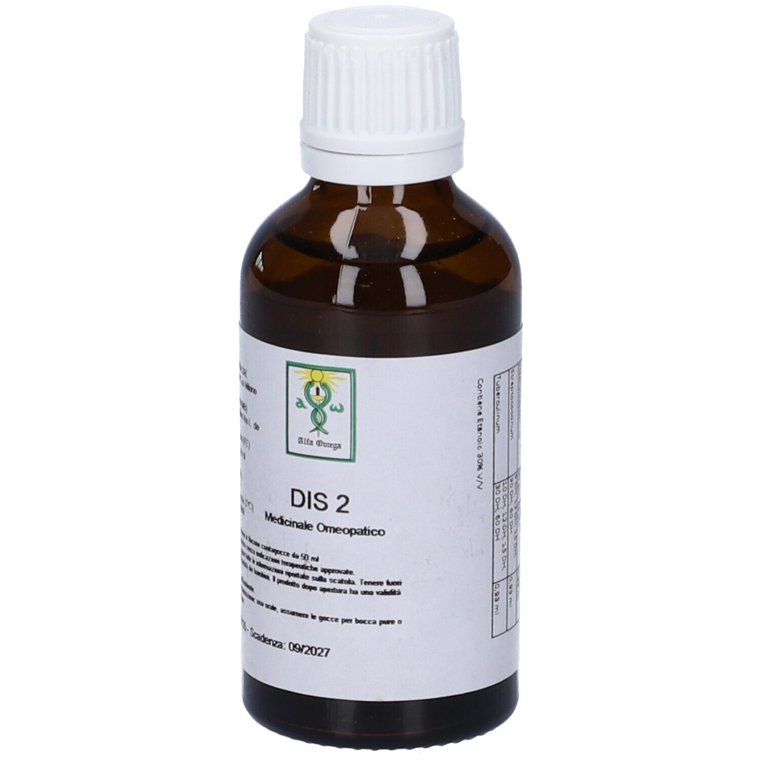 Flacone di vetro marrone con tappo bianco. Etichetta con testo: DIS 2, Medicinale omeopatico. Logo: foglia verde.