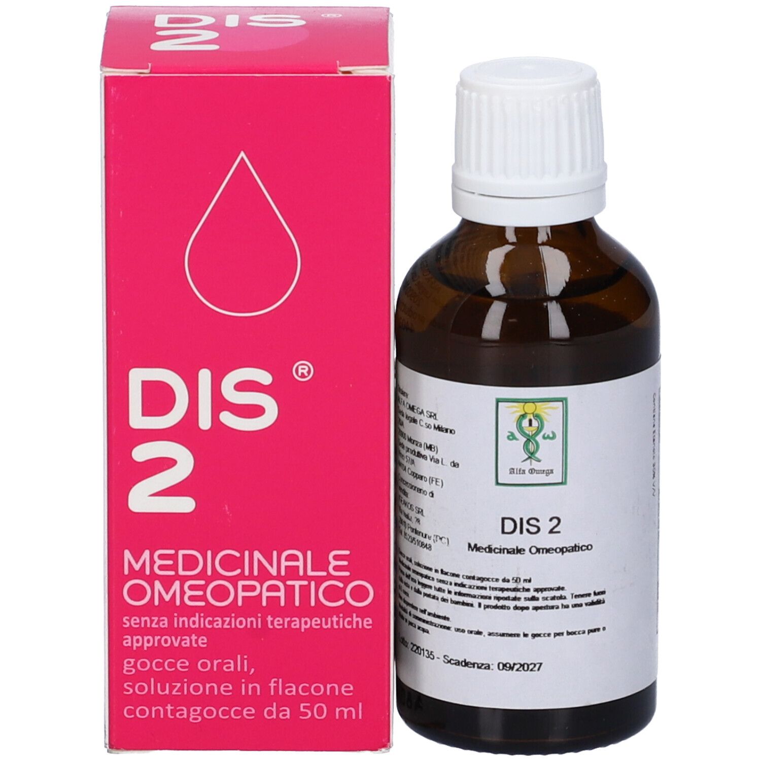 Confezione del prodotto con flacone e scatola. Flacone: vetro marrone, tappo bianco. Scatola: rosa, testo: DIS 2.