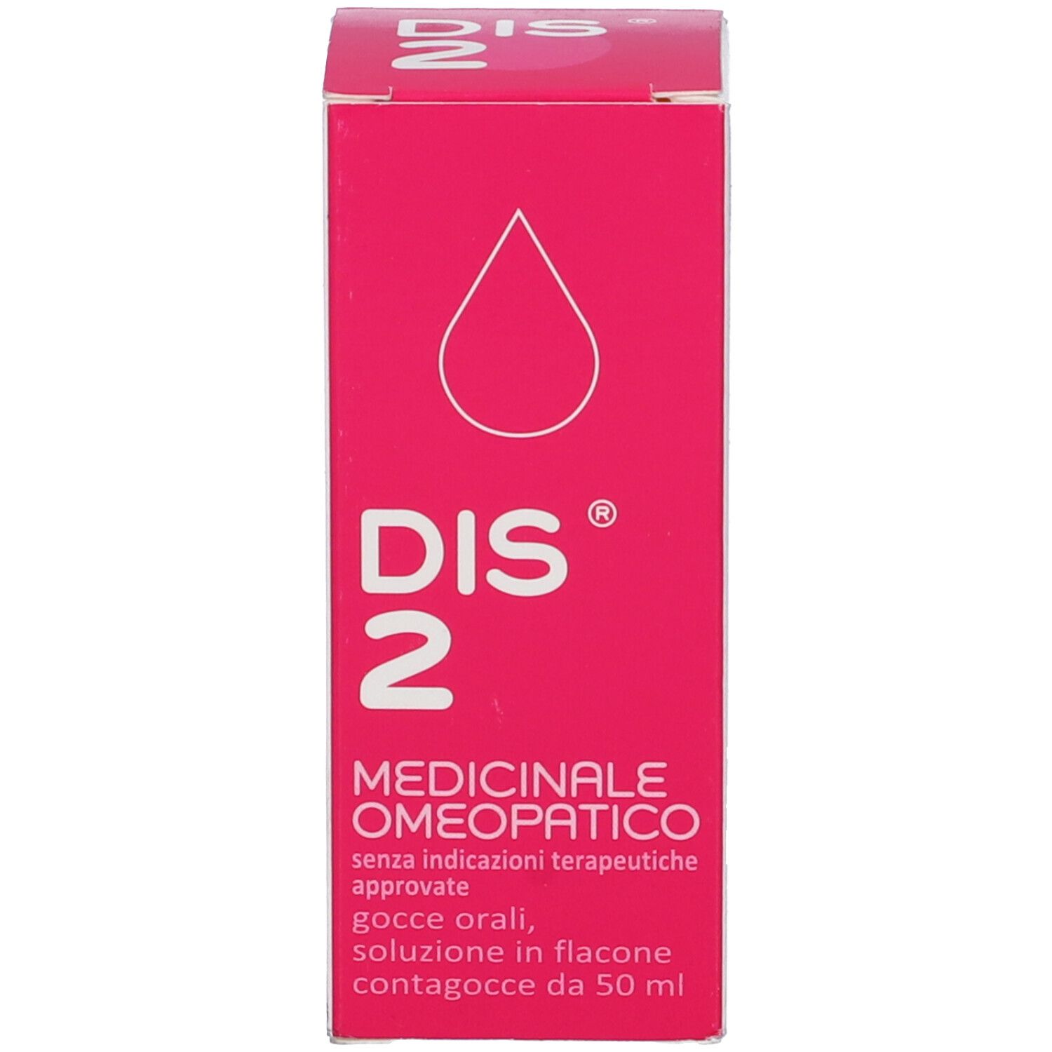 Confezione in cartone rosa. Testo: DIS 2, Medicinale omeopatico. Simbolo di goccia.
