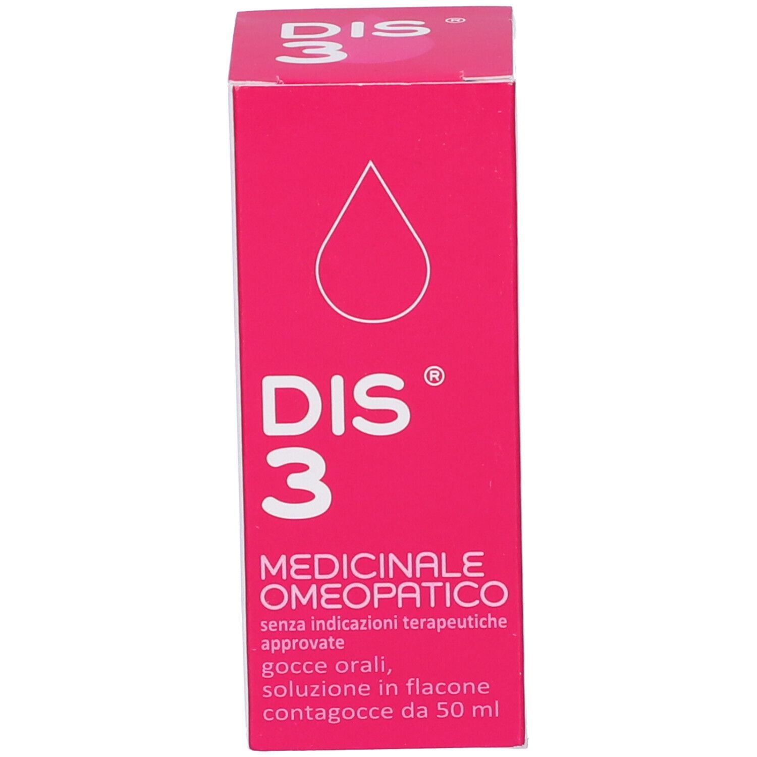 Confezione rosa del prodotto. Testo: DIS 3, Medizinale Omeopatico. Simbolo della goccia. Testo: gocce orali, soluzione in flacone contagocce.
