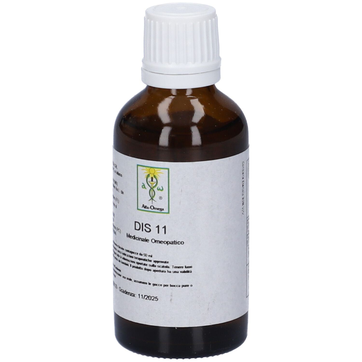 Flacone di vetro marrone con tappo bianco. Etichetta: DIS 11, Medicinale Omeopatico. Logo. Scadenza 11/2025.