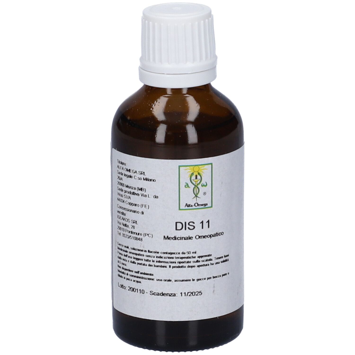 Flacone di vetro marrone con tappo bianco. Etichetta: DIS 11, Medicinale Omeopatico. Logo. Scadenza 11/2025.