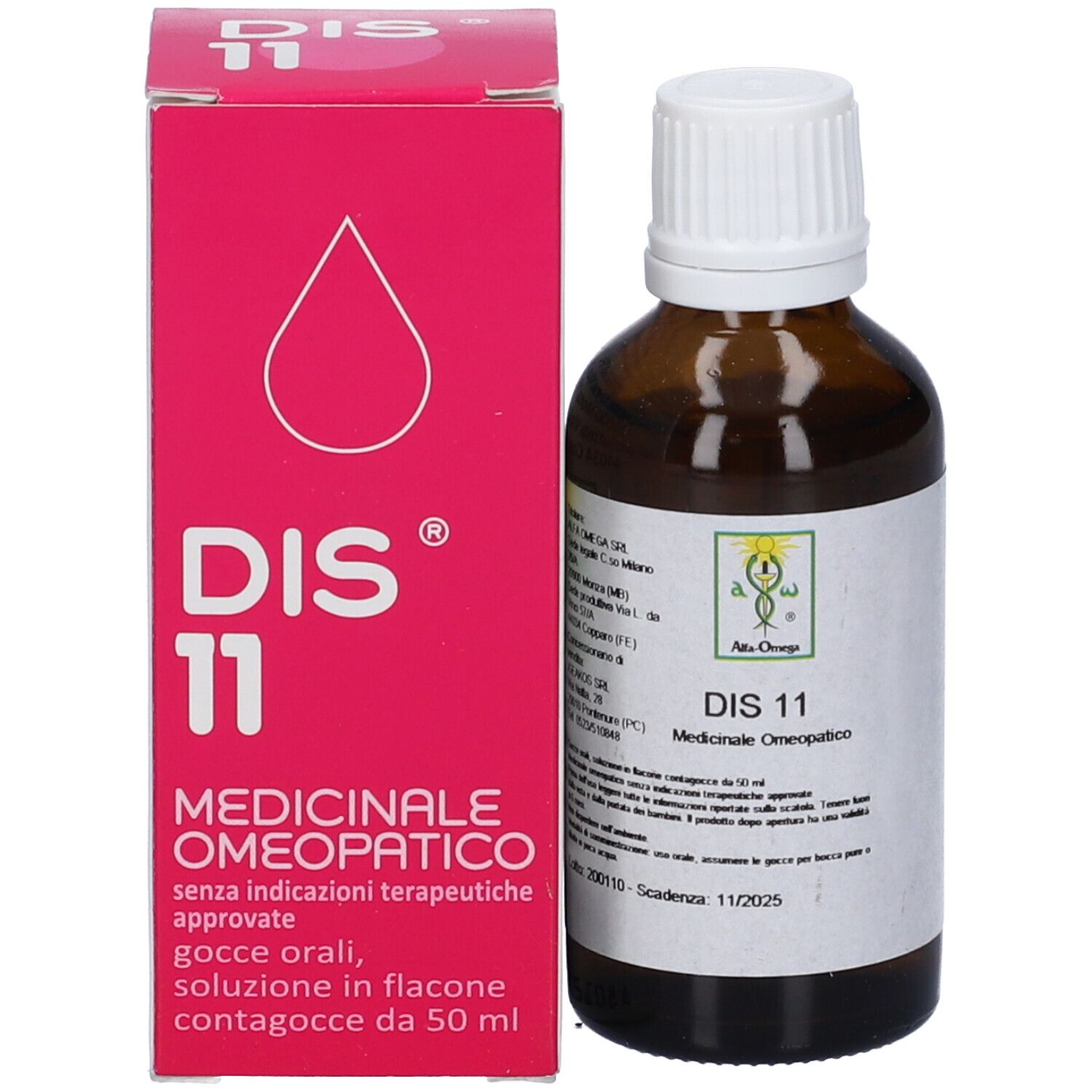Confezione: flacone e scatola. Flacone: vetro marrone, tappo bianco. Scatola: rosa, testo: DIS 11, Medicinale Omeopatico.