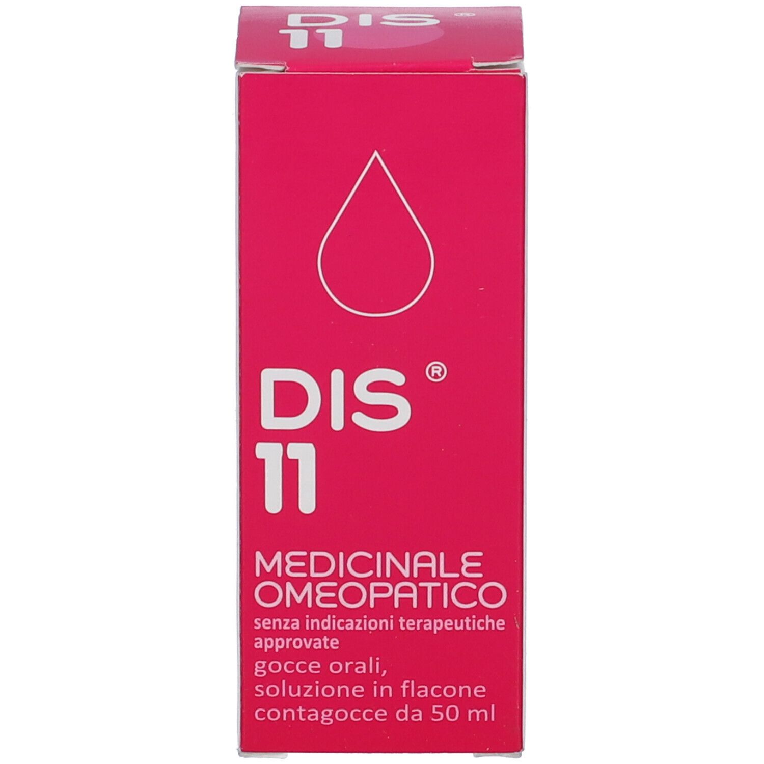 Scatola rosa con testo: DIS 11, Medicinale Omeopatico. Simbolo goccia. Contiene gocce in flacone.