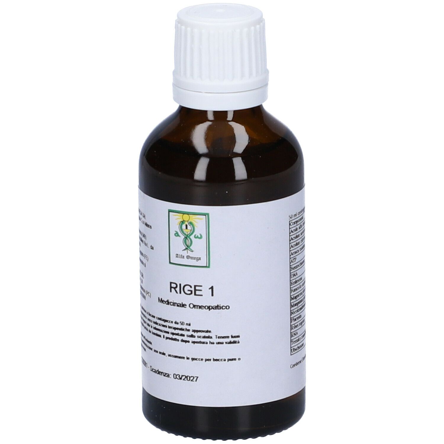 Flacone di vetro marrone con tappo bianco. Etichetta con testo: Rige 1, preparazione medica. Logo verde.