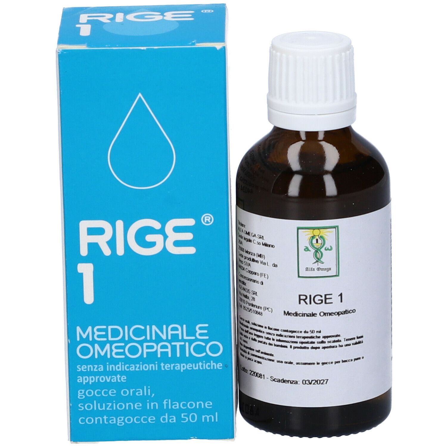 Flacone di vetro marrone con tappo bianco e scatola blu. Sulla scatola: Rige 1, medicinale.