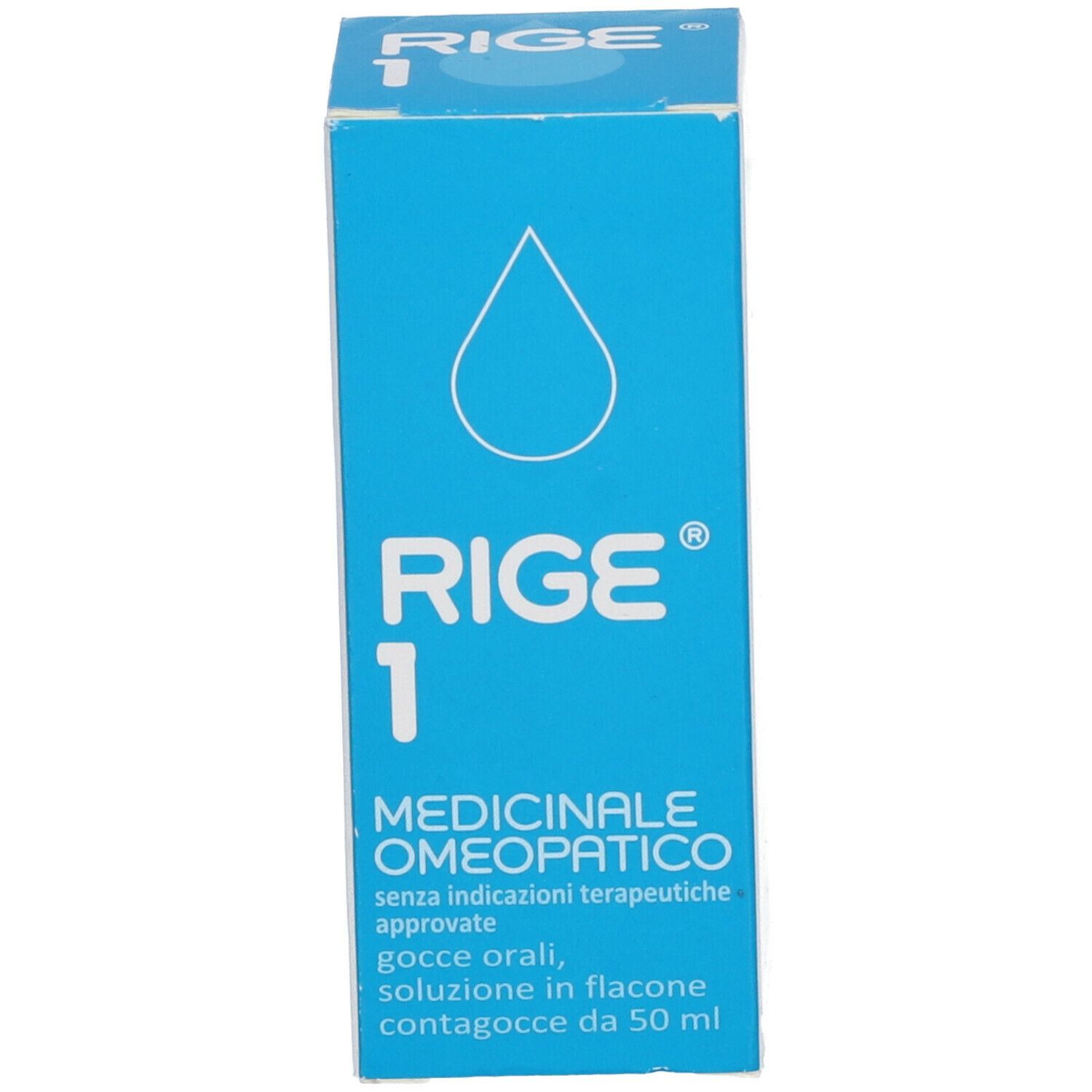 Scatola blu con testo: Rige 1, gocce mediche. Simbolo della goccia.