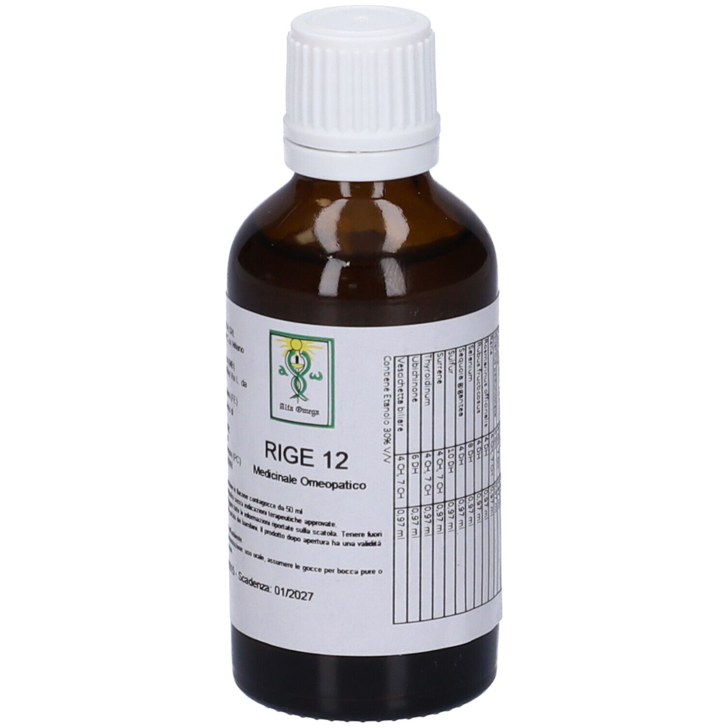 Flacone di vetro marrone con tappo bianco. Etichetta con testo: Rige 12, Medizinisches Omeopatico. Logo verde. Scadenza 01/2027.