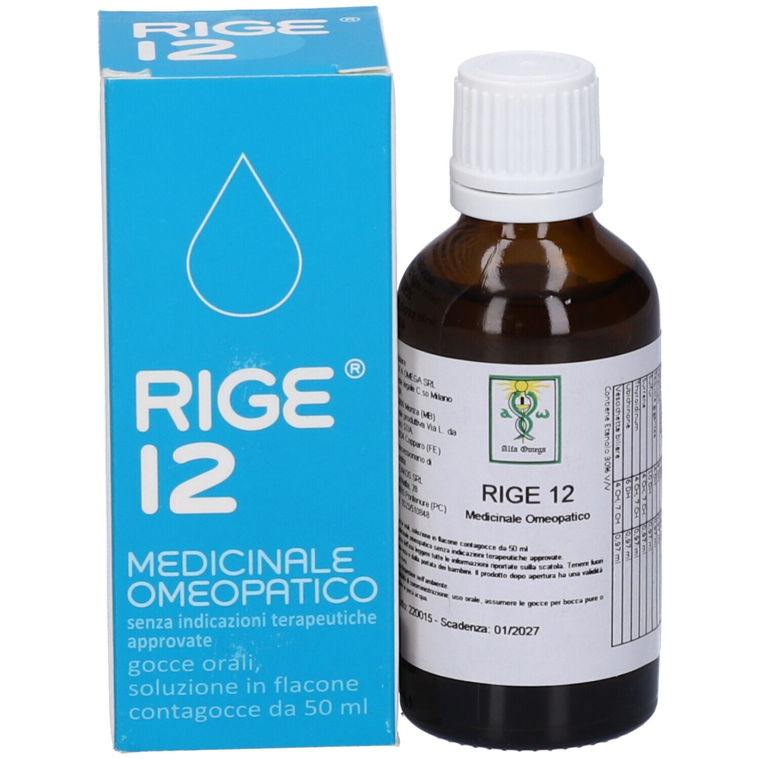 Flacone di vetro marrone con tappo bianco e scatola blu. Sulla scatola: Rige 12, Medizinisches Omeopatico.