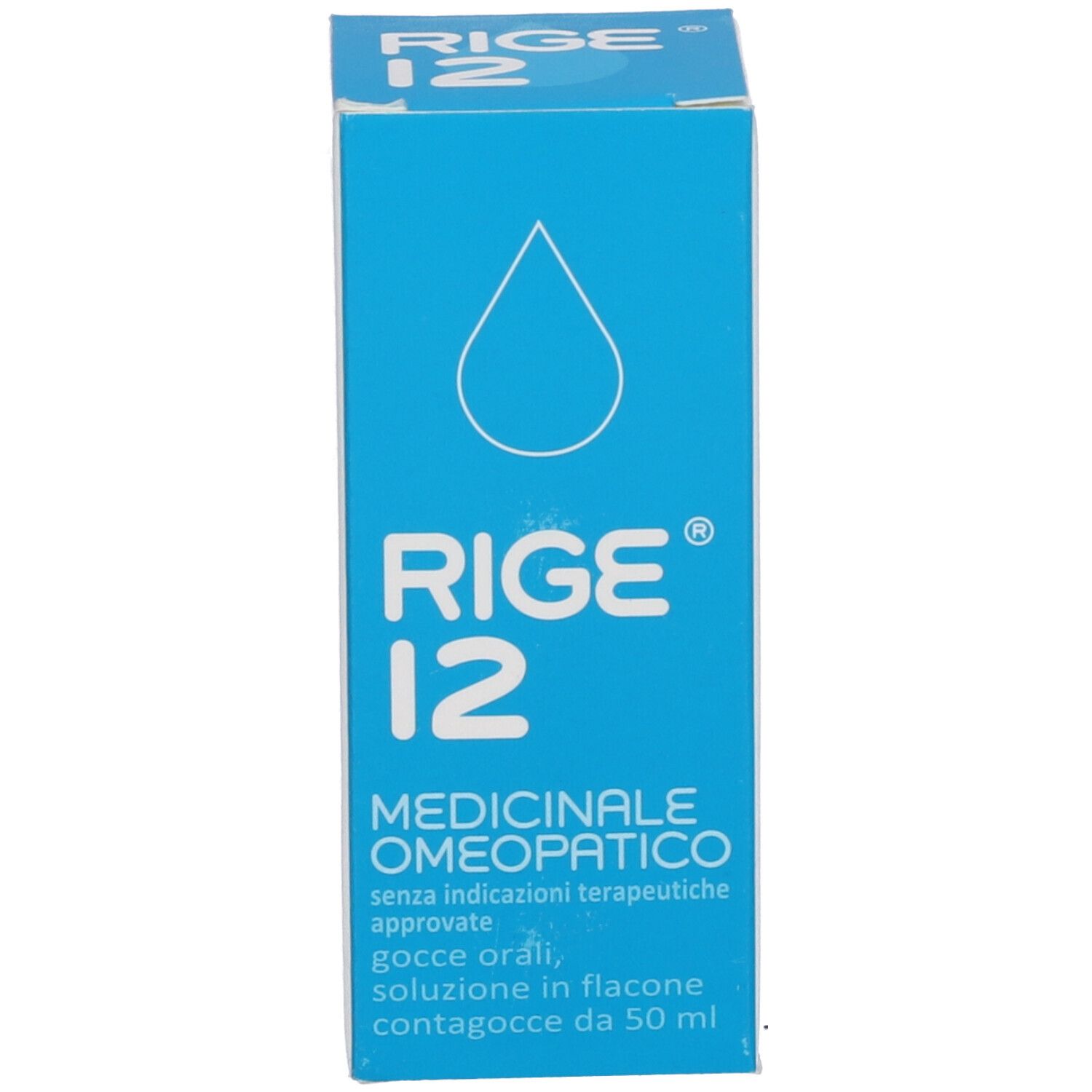 Scatola blu con testo: Rige 12, Medizinisches Omeopatico. Simbolo goccia. Senza indicazioni terapeutiche.