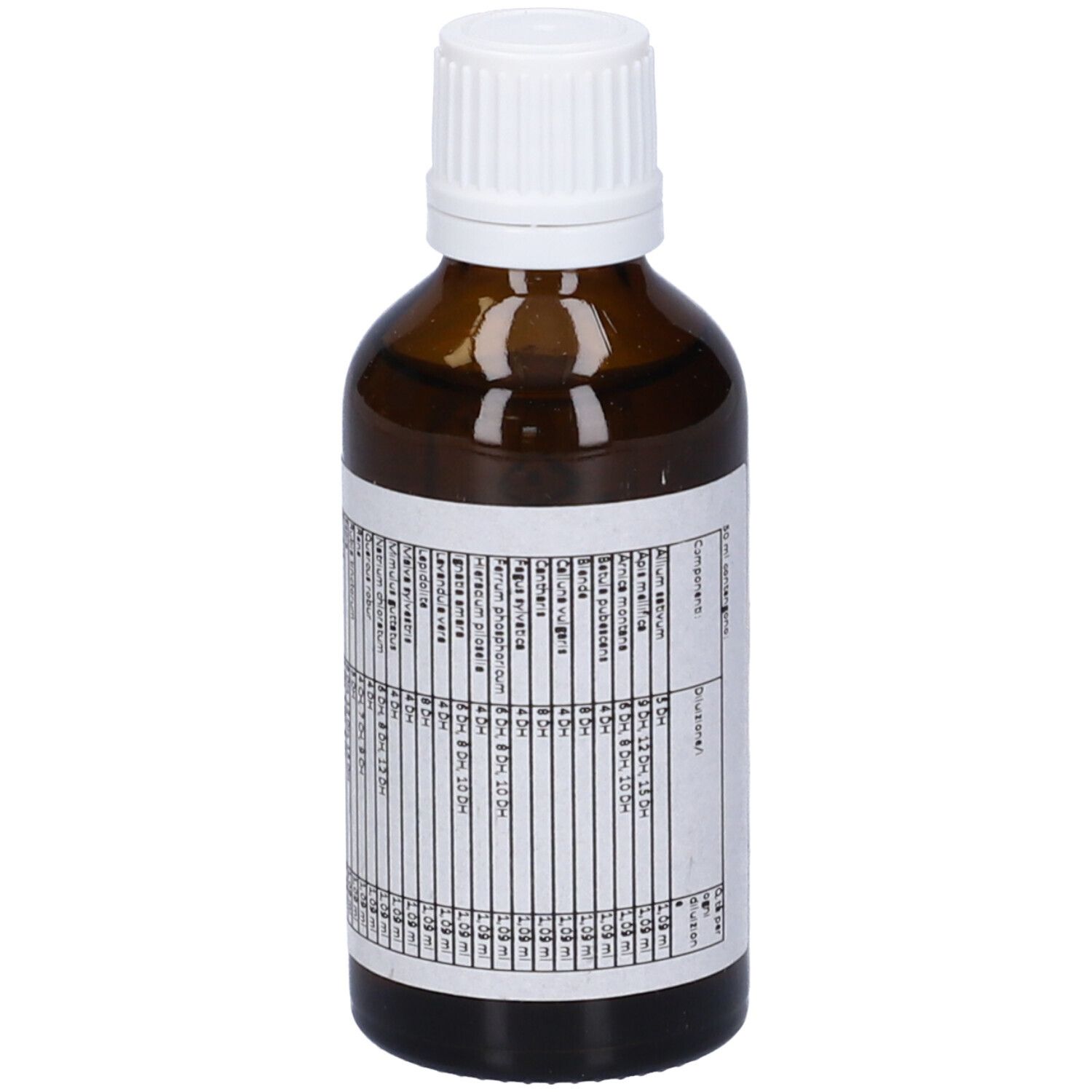 Flacone di vetro marrone con tappo bianco. Etichetta con testo. AGO 4, preparazione medica.
