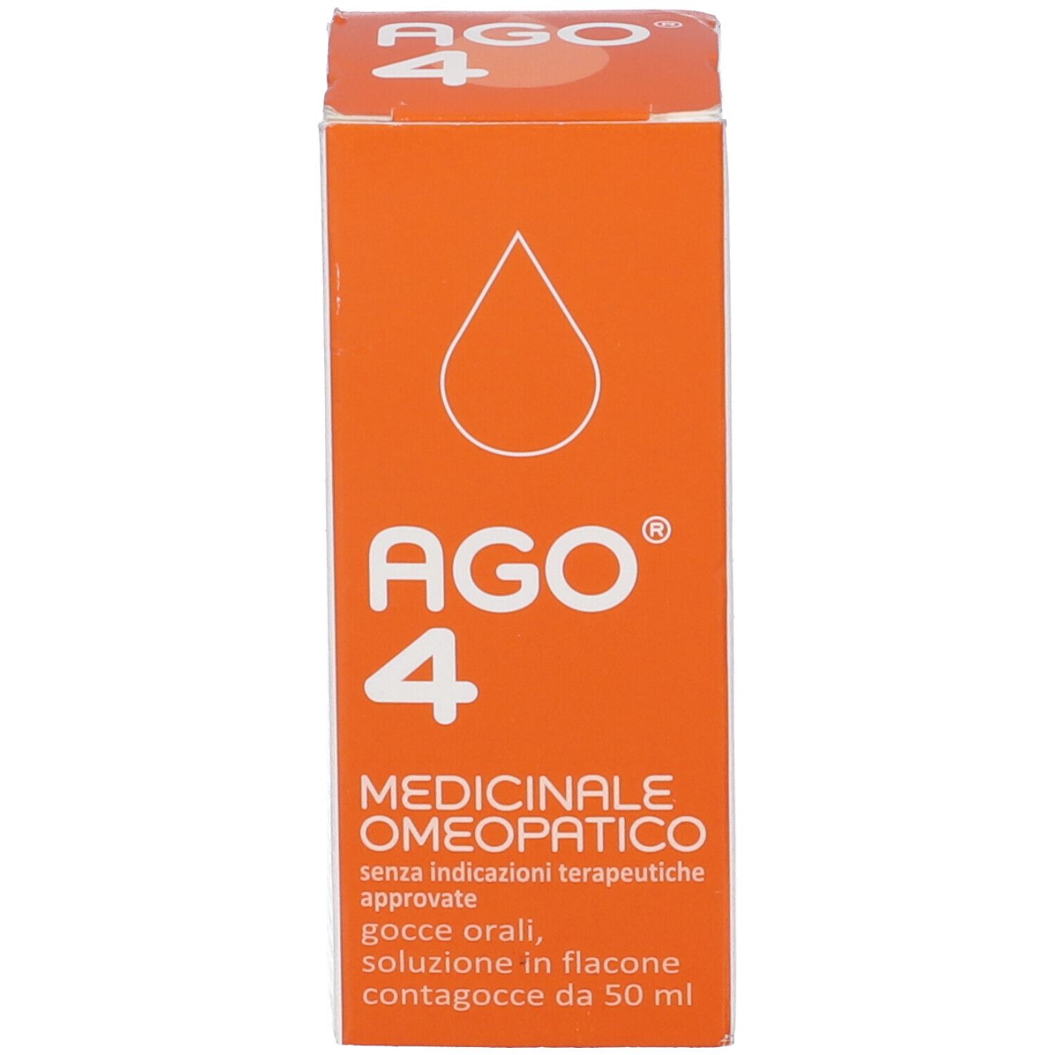 Scatola arancione con simbolo goccia bianco. AGO 4, preparazione medica. Flacone contagocce.