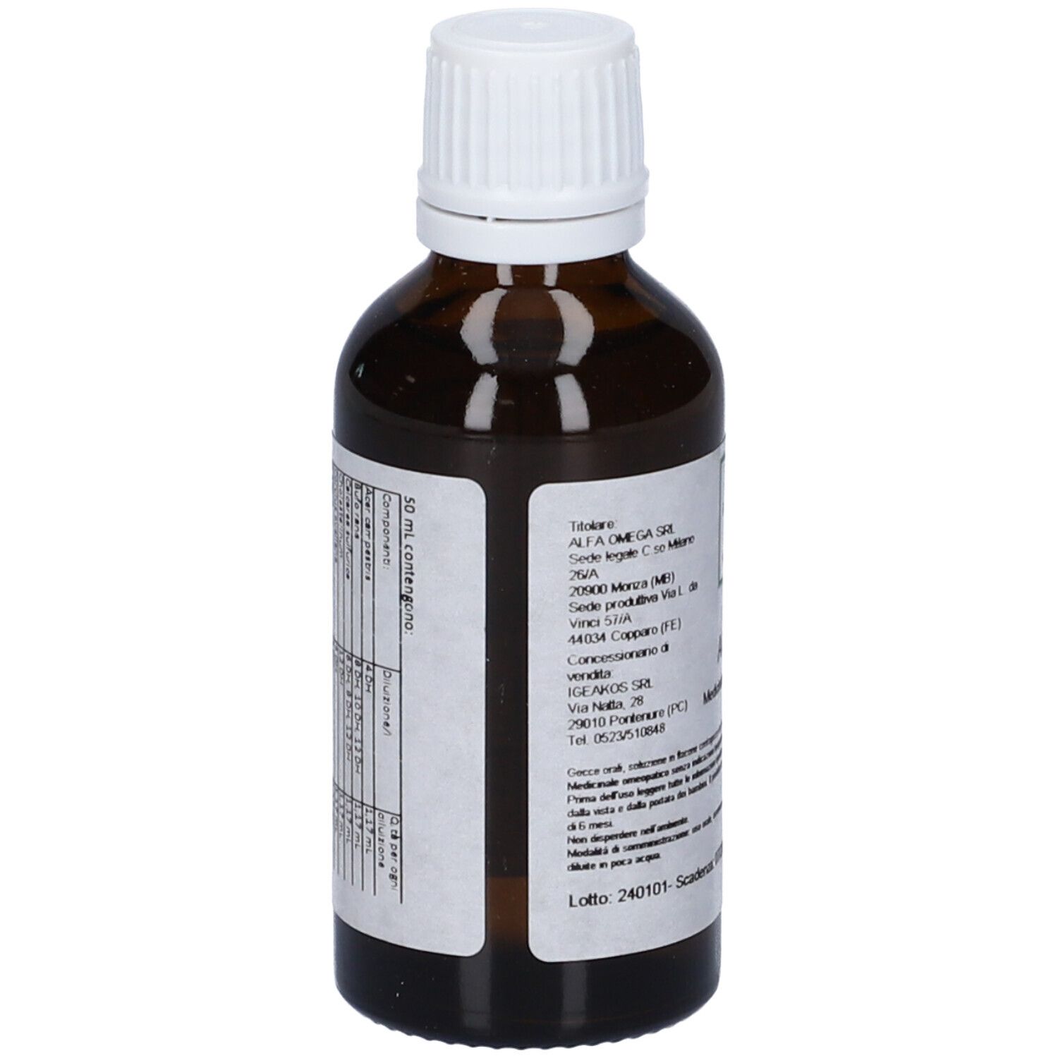 Vista posteriore di un flacone di vetro marrone con tappo bianco. Etichetta con testo. Nessuna denominazione del prodotto visibile.