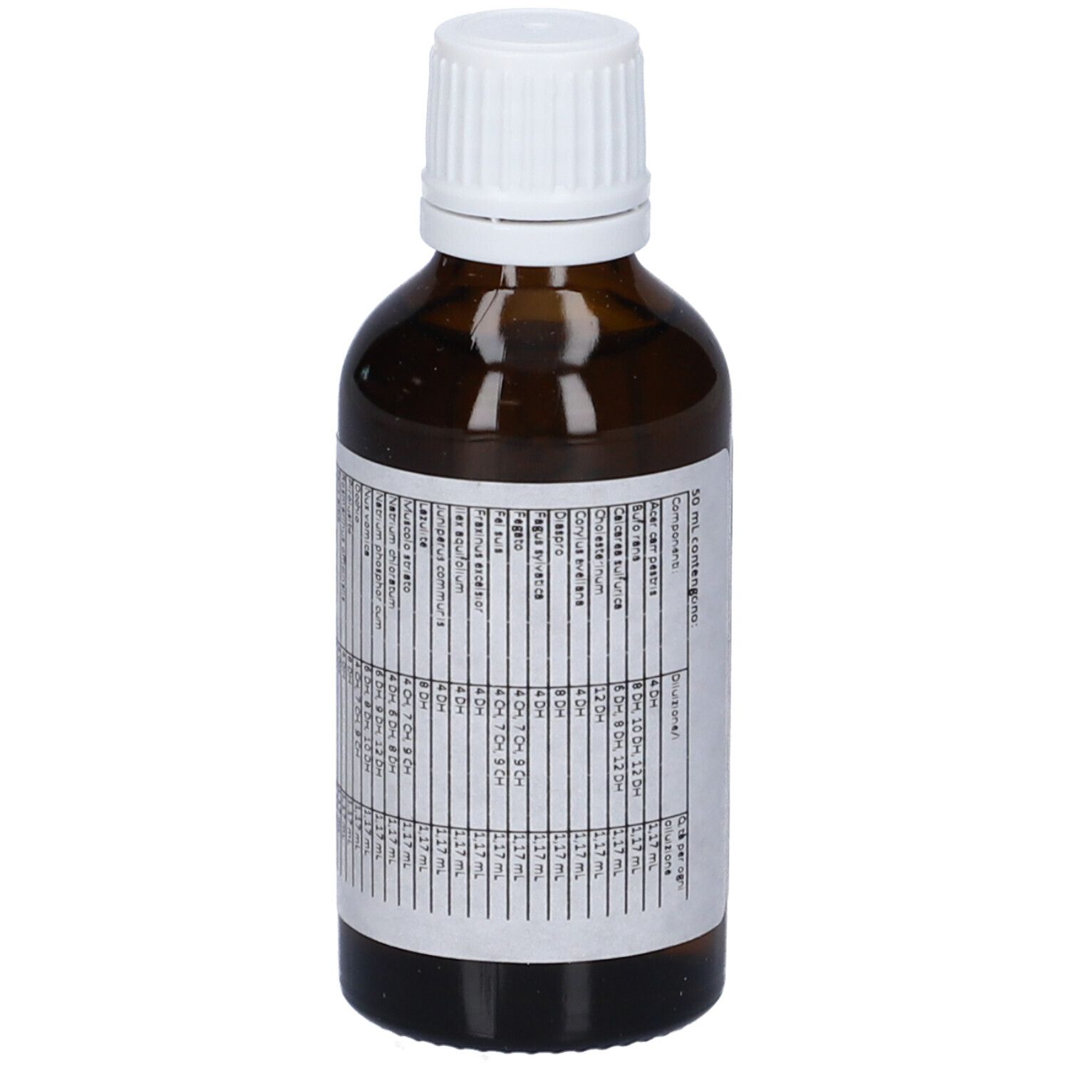 Flacone di vetro marrone con tappo bianco. Etichetta con testo. Nessuna denominazione del prodotto visibile.