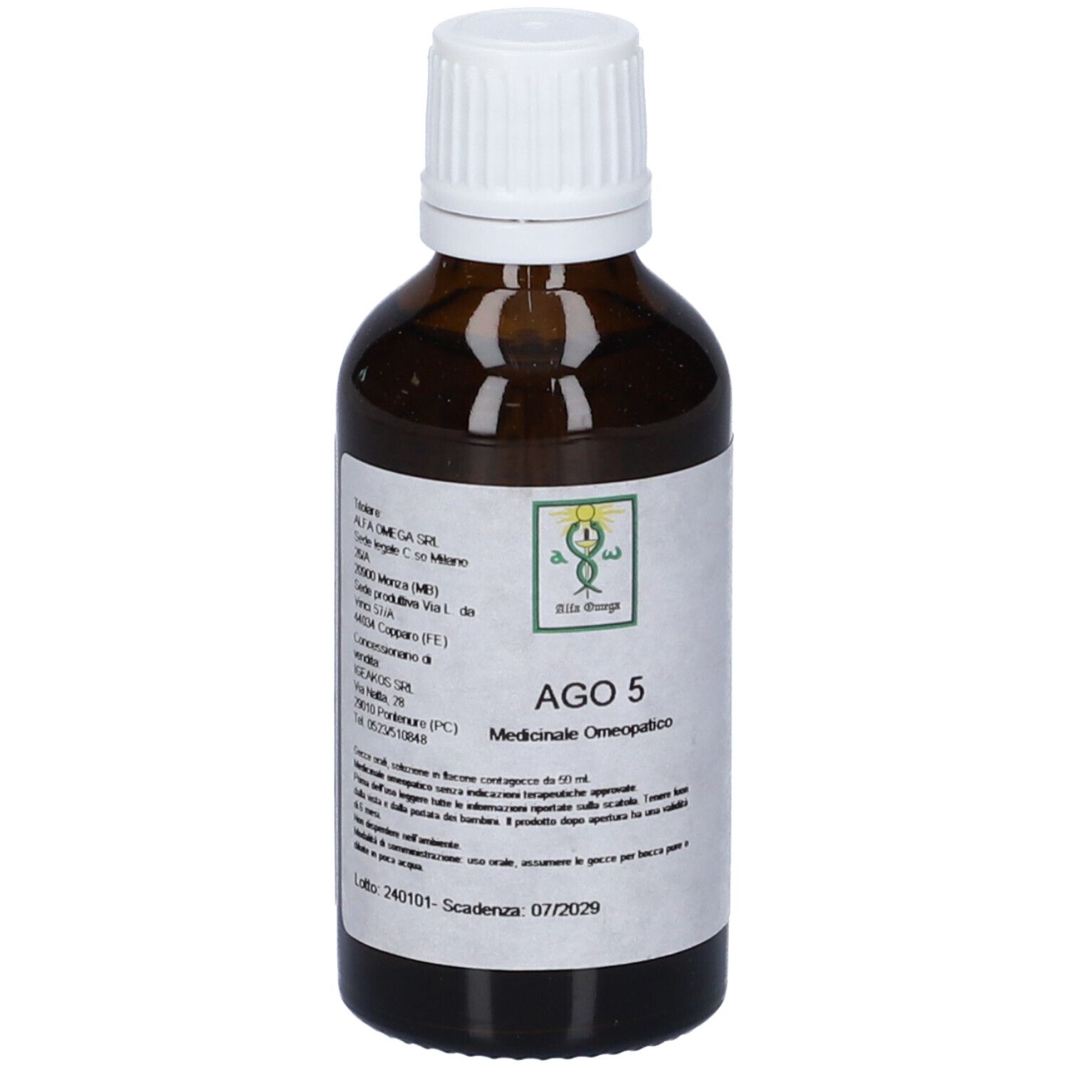Flacone di vetro marrone con tappo bianco. Etichetta con nome prodotto AGO 5 e altre informazioni. Logo pianta verde in alto.
