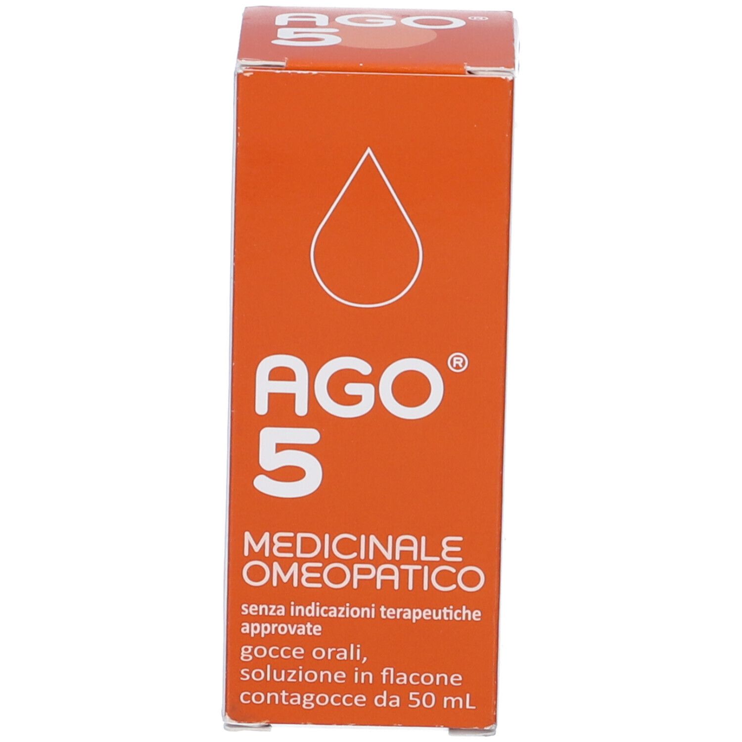 Scatola arancione con nome prodotto AGO 5 e informazioni. Simbolo di goccia.