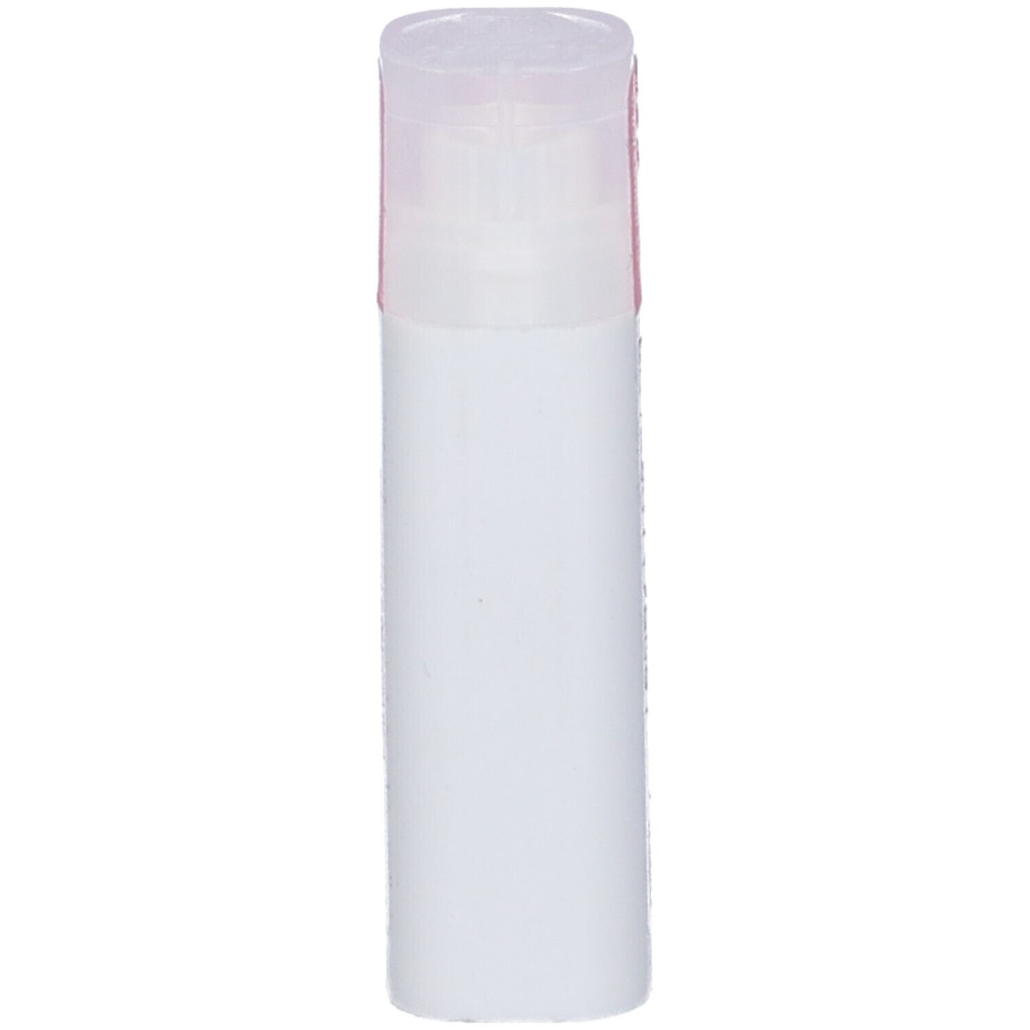 Confezione cilindrica bianca con tappo trasparente. Striscia rosa nella parte superiore.