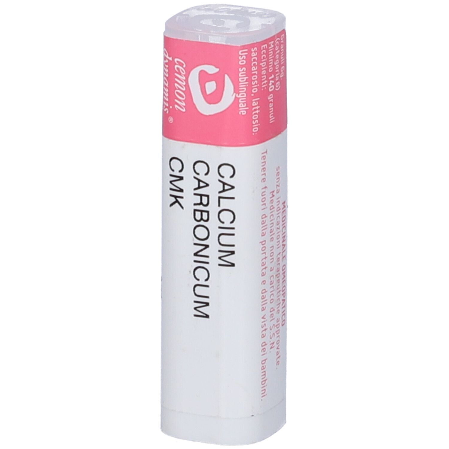 Confezione cilindrica con tappo rosa. Scritta: Calcium Carbonicum CMK. Marchio Cemon. Istruzioni in italiano.