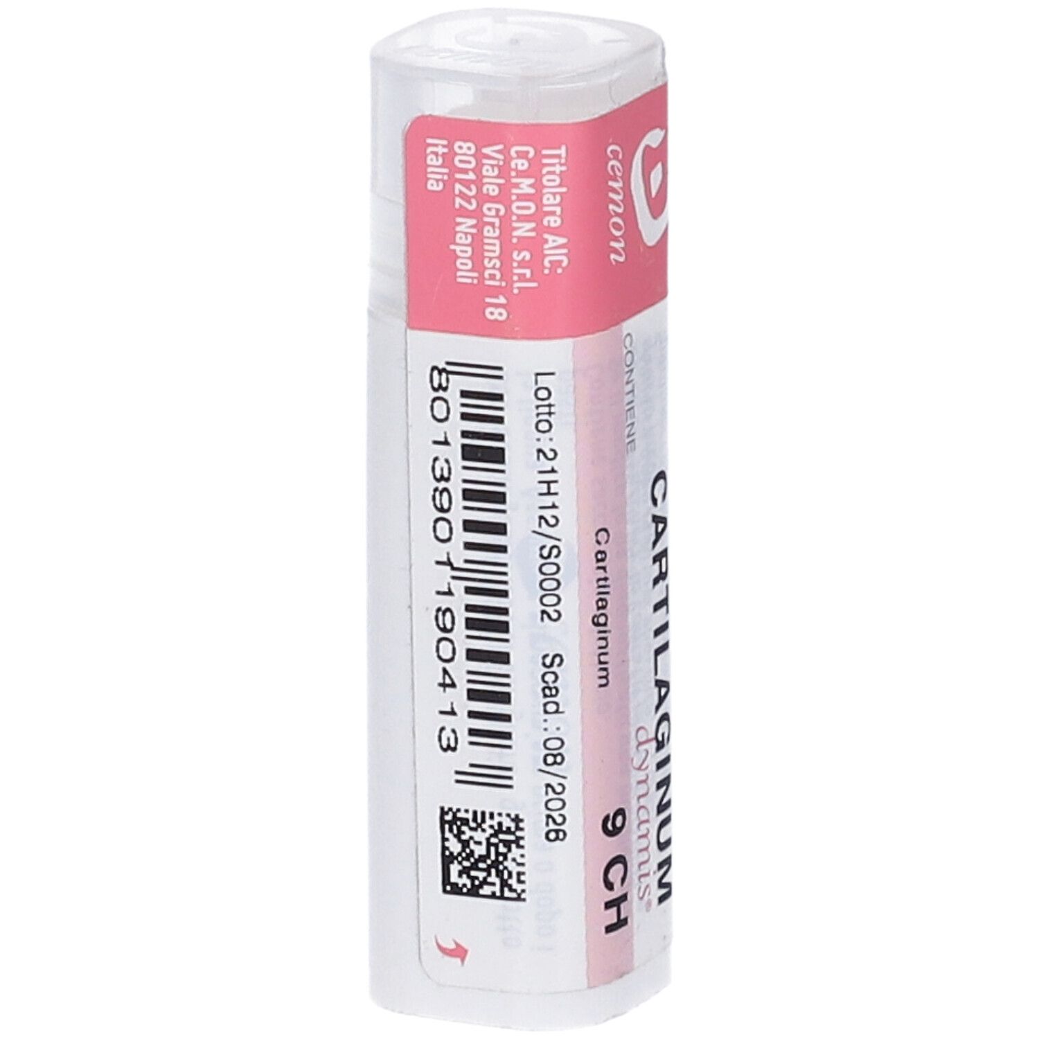 Confezione cilindrica con etichetta rosa. Scritta: Cartilaginum 9 CH. Codice a barre e scadenza.