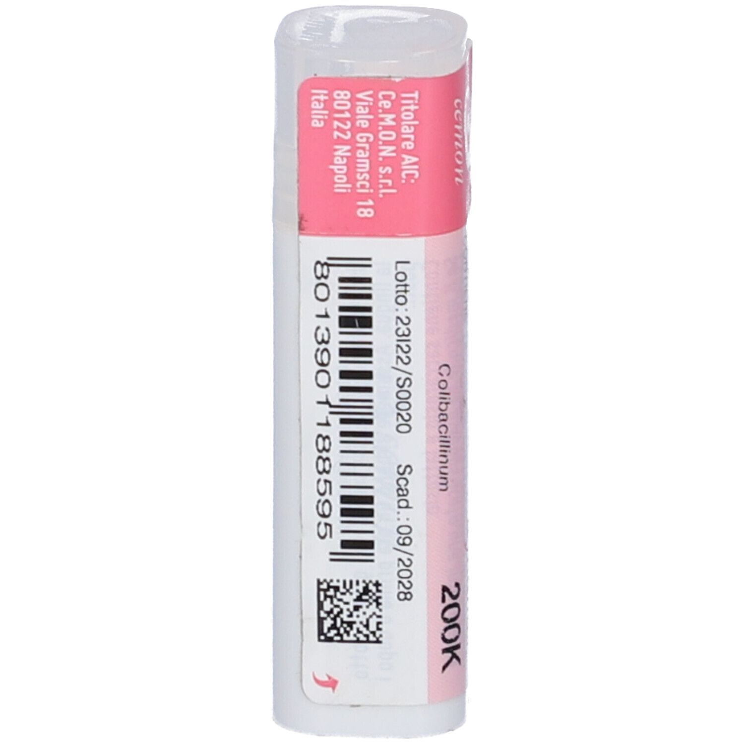 Confezione cilindrica con etichetta rosa e bianca. Visibili codice a barre, testo e scadenza.