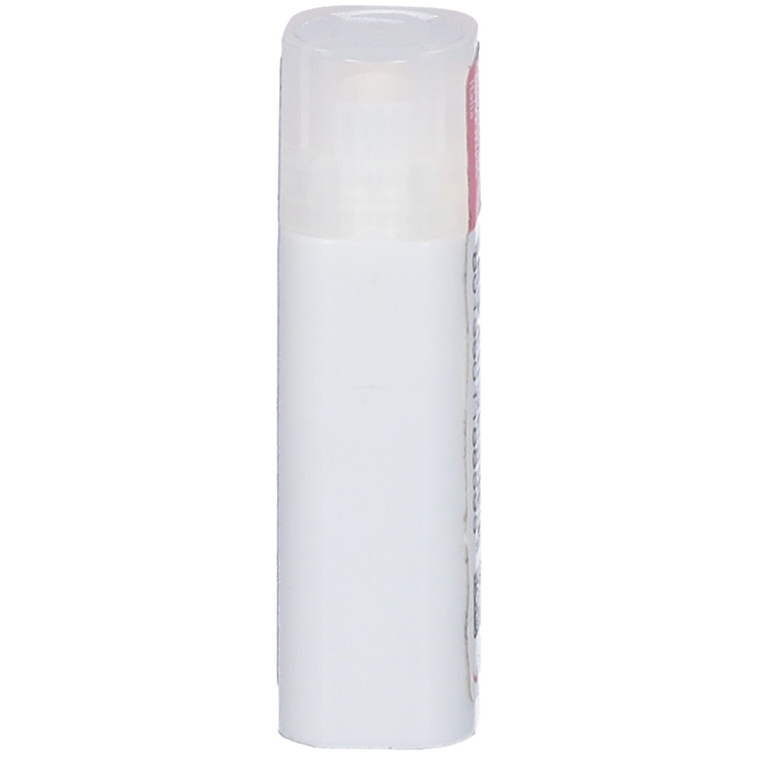 Confezione cilindrica bianca con coperchio trasparente. Etichetta rosa con testo.