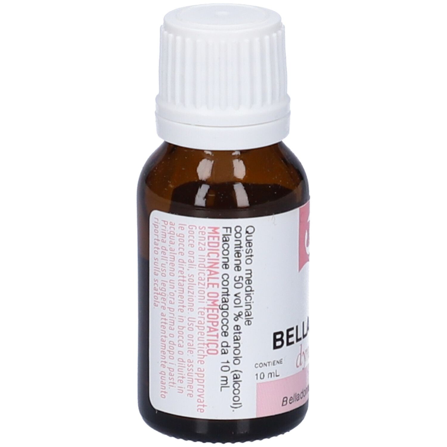 Flacone di vetro marrone con tappo bianco. Etichetta con informazioni sul prodotto e dettagli rosa.