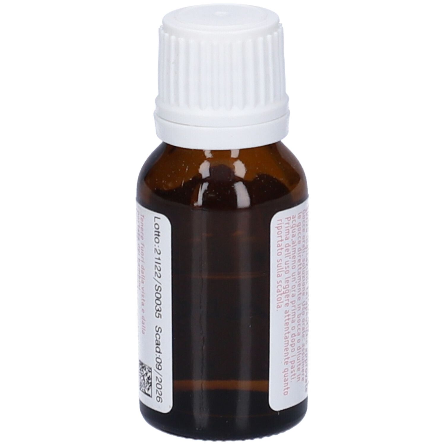 Flacone di vetro marrone con tappo bianco. Retro con etichetta, numero di lotto e data di scadenza.