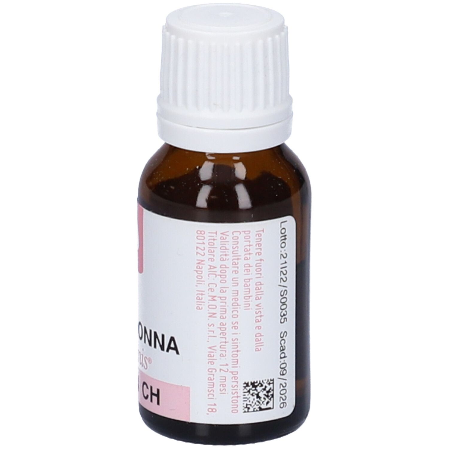 Flacone di vetro marrone con tappo bianco. Retro con etichetta, numero di lotto e data di scadenza.