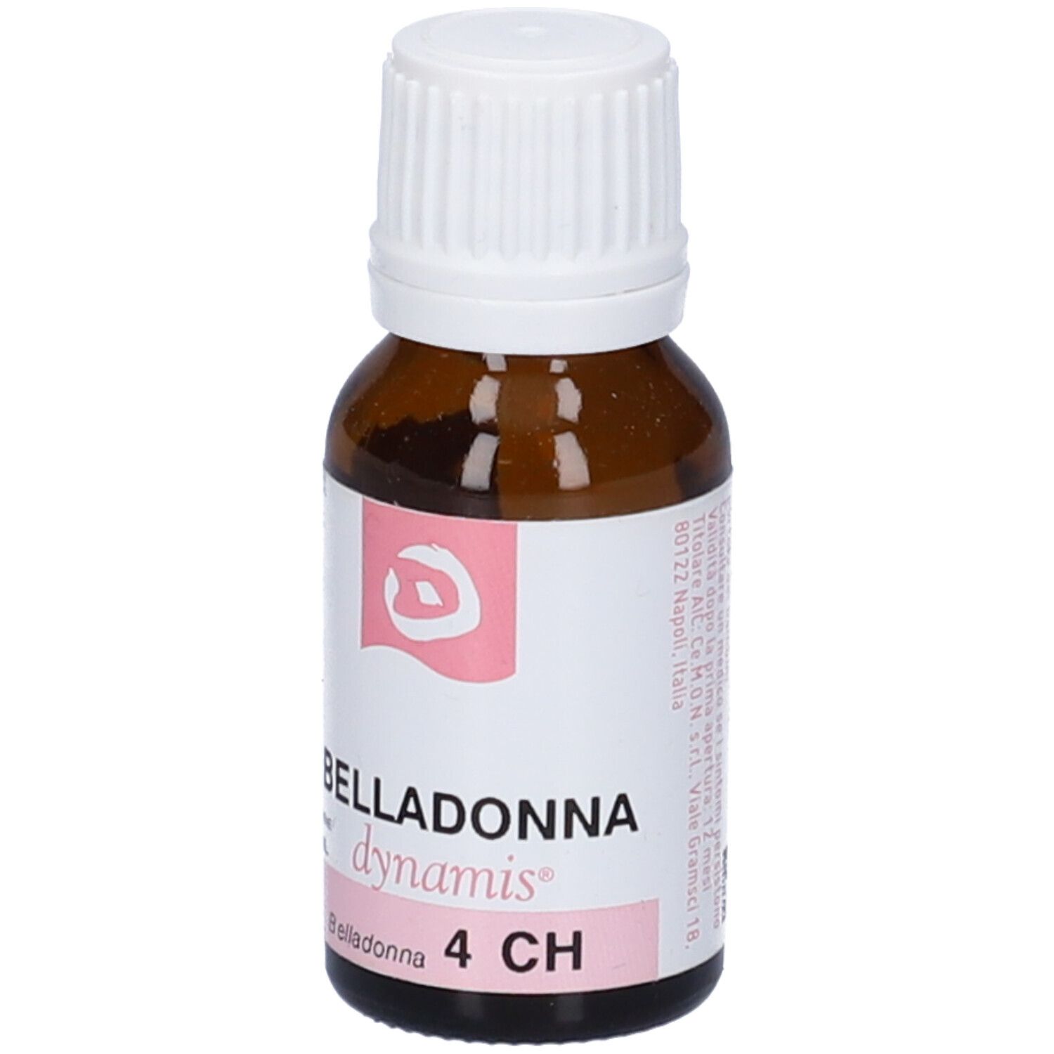 Flacone di vetro marrone con tappo bianco. Etichetta rosa con nome del prodotto: Belladonna 4 CH.