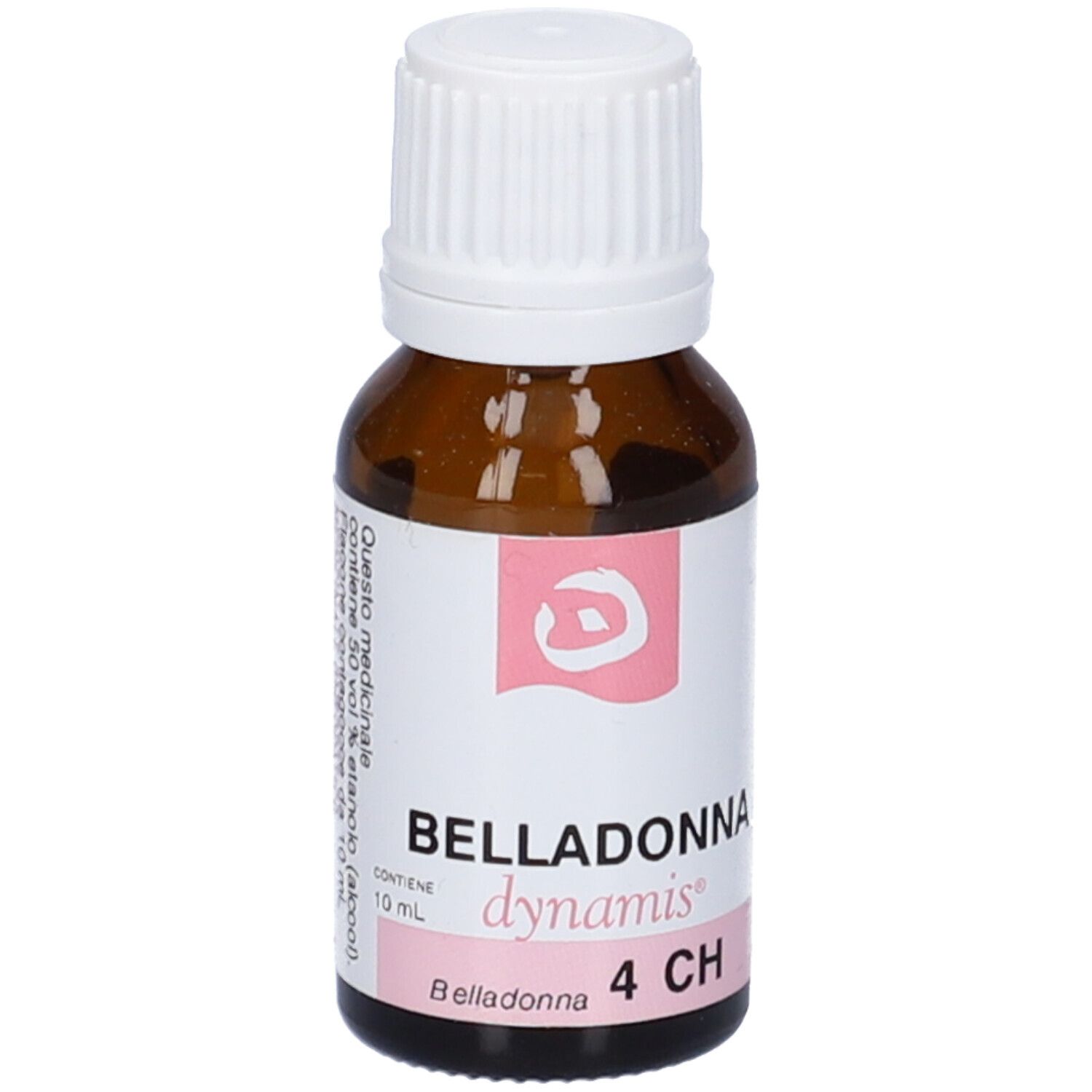 Flacone di vetro marrone con tappo bianco. Etichetta con informazioni sul prodotto e dettagli rosa.