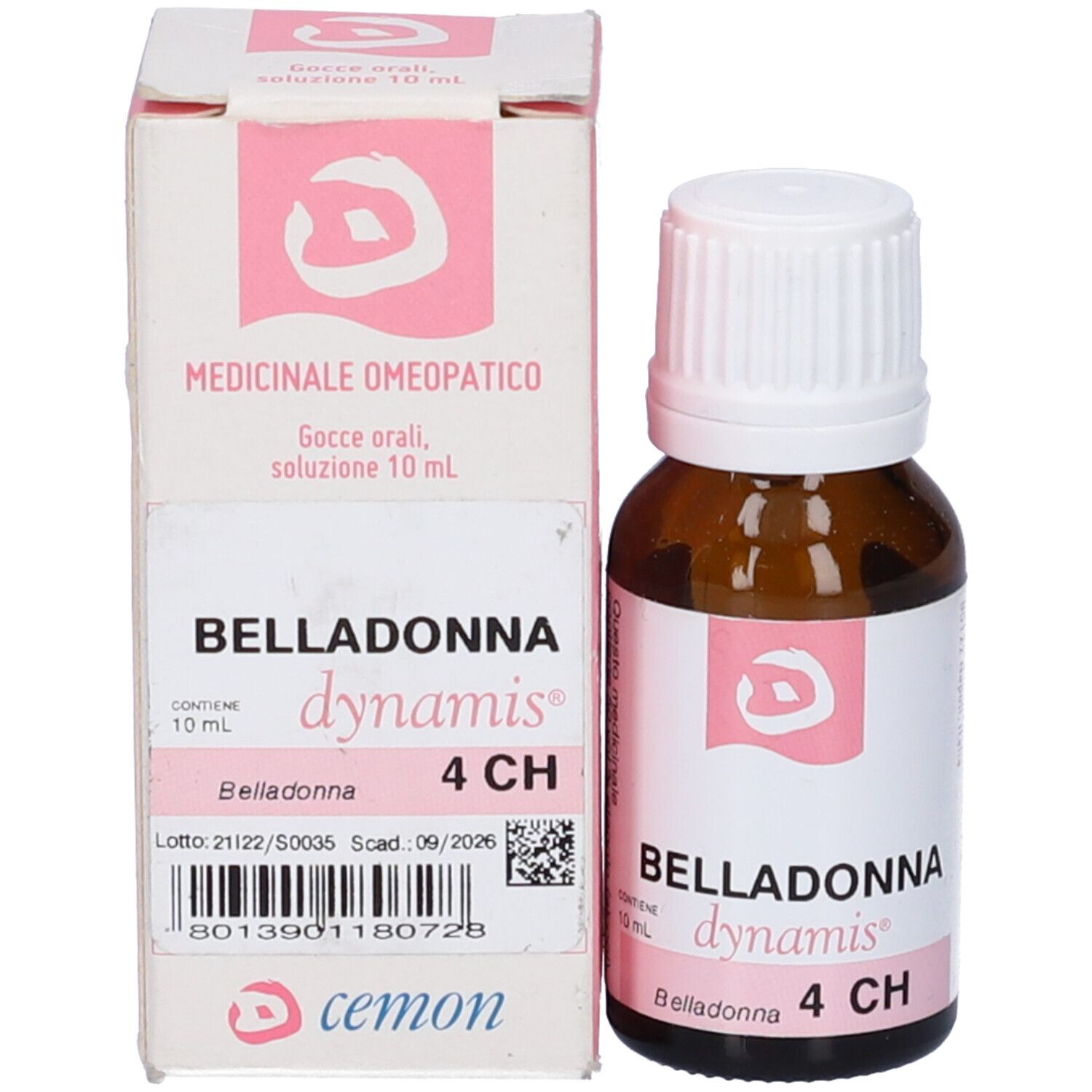 Flacone e confezione. Scatola bianca con dettagli rosa e nome del prodotto: Belladonna 4 CH.