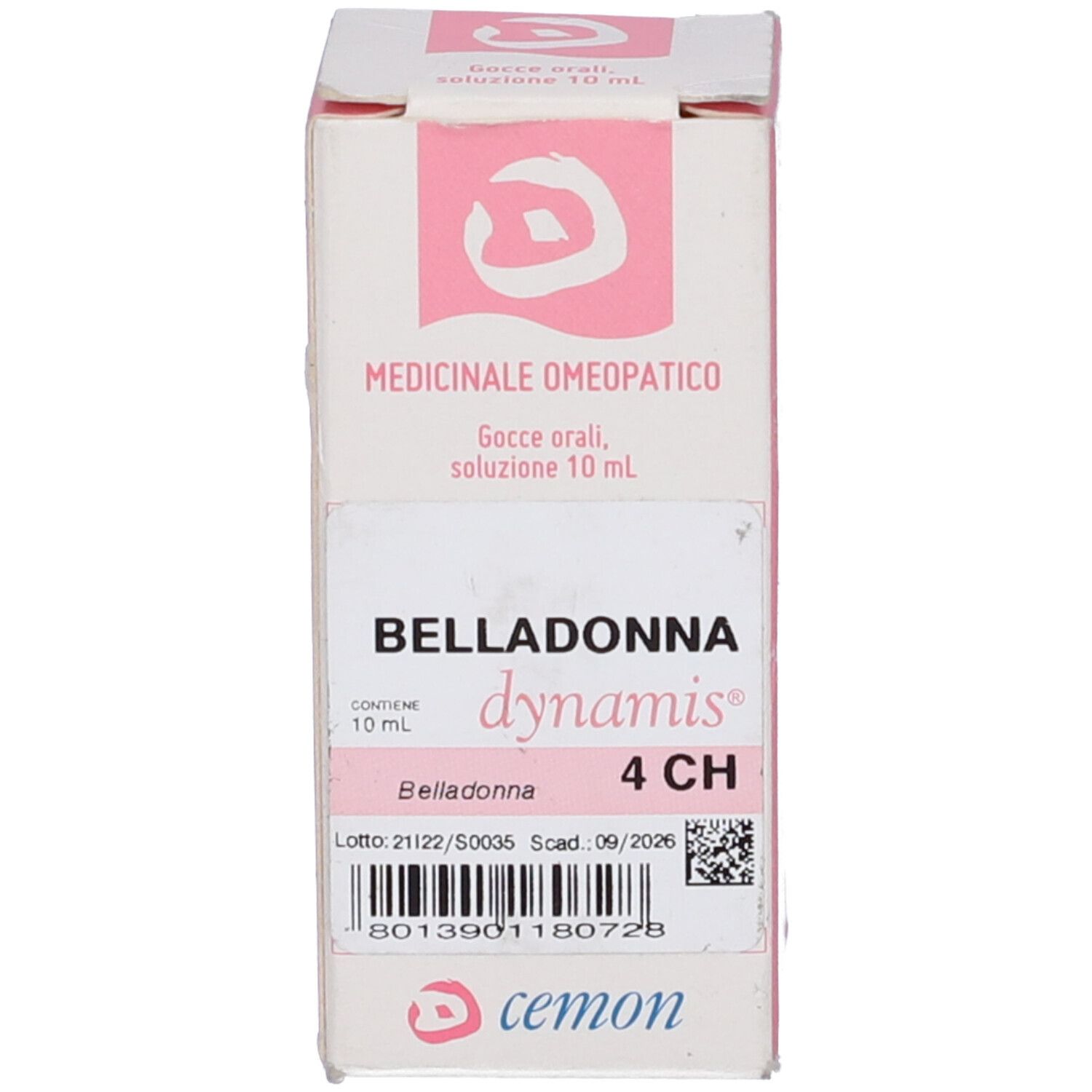 Scatola bianca con dettagli rosa e nome del prodotto: Belladonna 4 CH. Medicinale omeopatico.