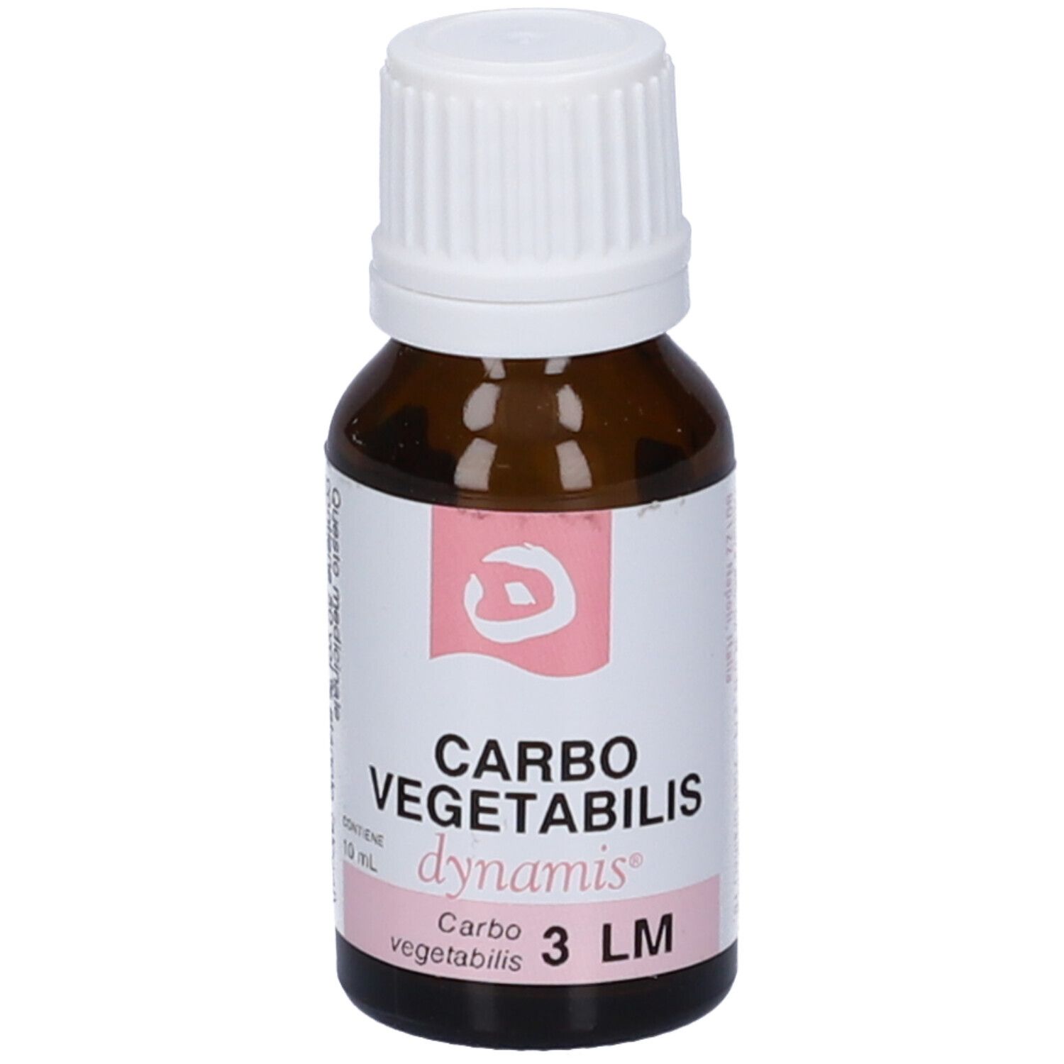 Flacone di vetro marrone con tappo bianco. Scritte: Carbo Vegetabilis, dynamis, 3 LM.