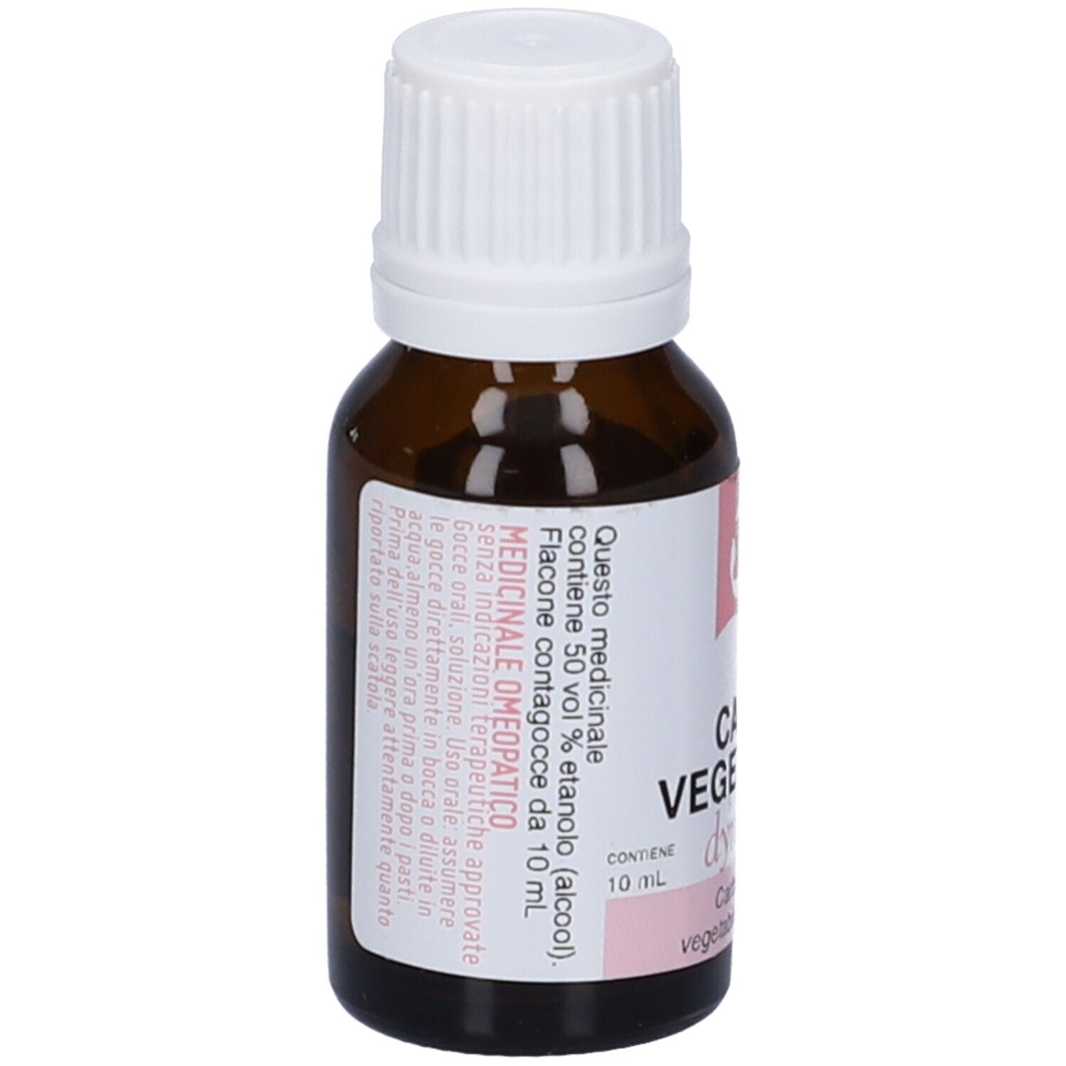 Flacone di vetro marrone con tappo bianco. Scritte: Carbo Vegetabilis, dynamis, 3 LM. Etichetta con testo.
