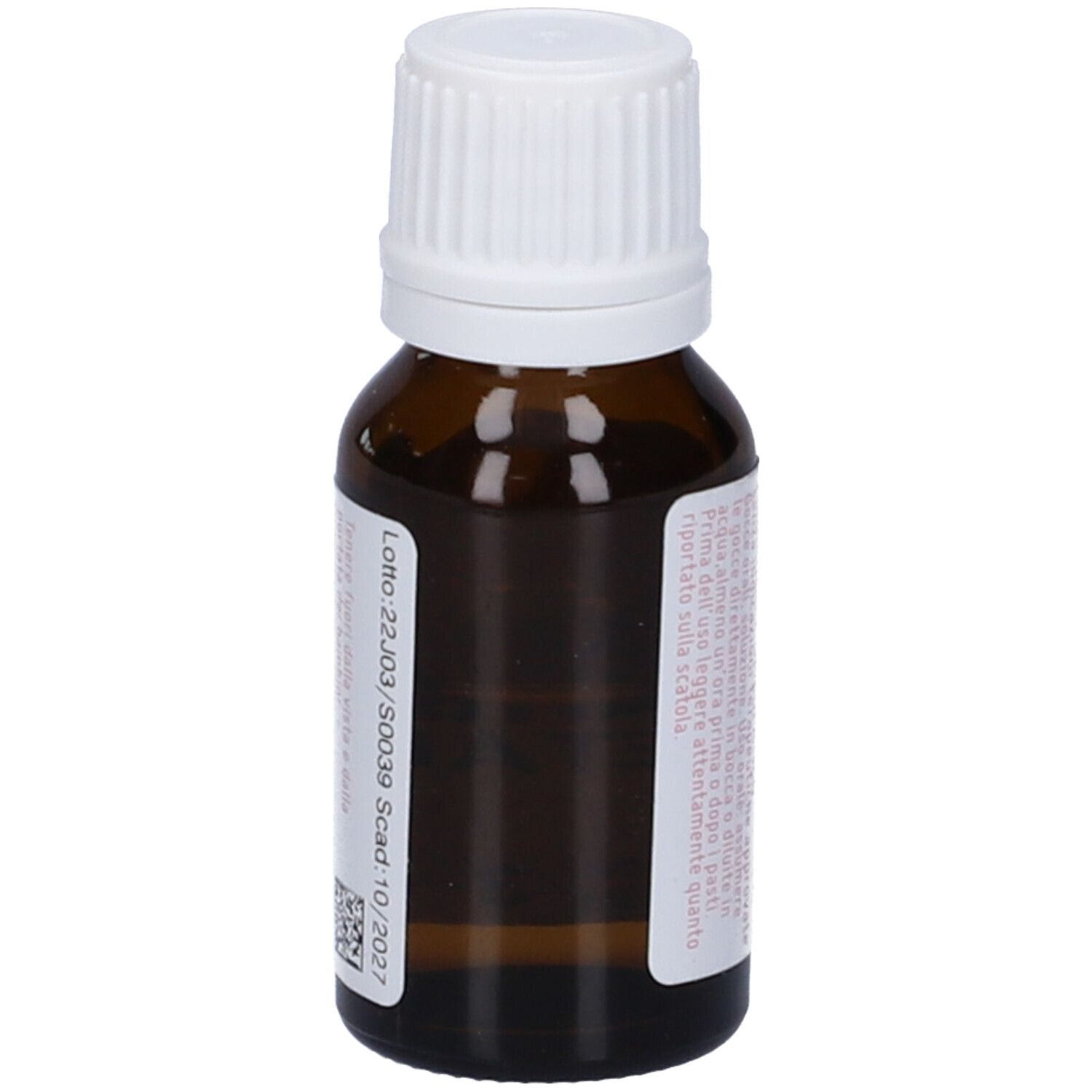 Flacone di vetro marrone con tappo bianco. Scritte: Carbo Vegetabilis, dynamis, 3 LM. Etichetta con testo.