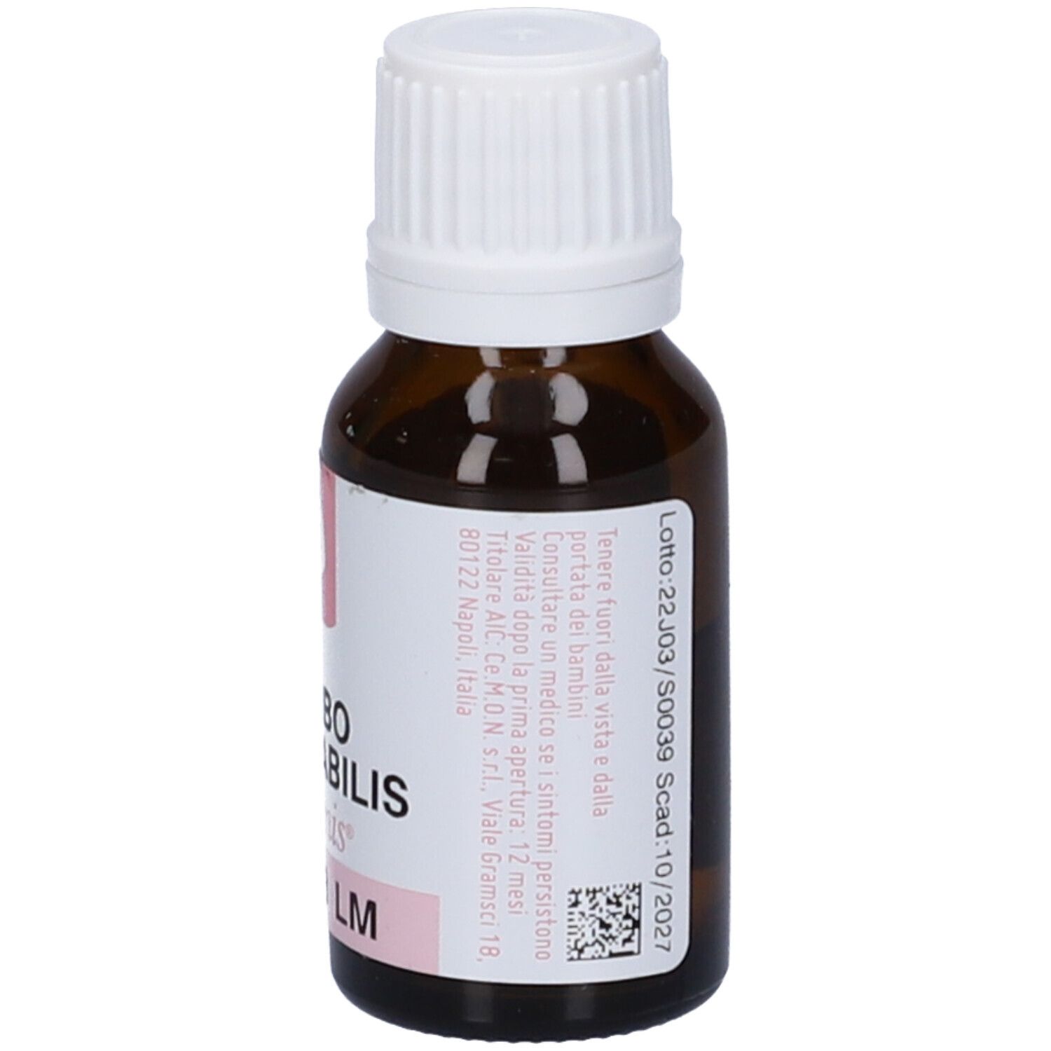 Flacone di vetro marrone con tappo bianco. Scritte: Carbo Vegetabilis, dynamis, 3 LM.