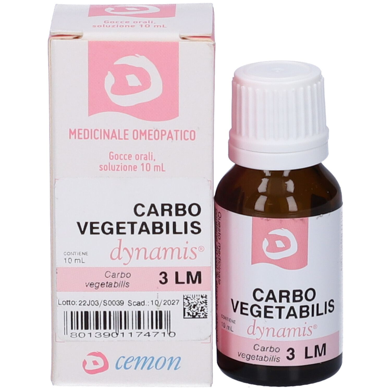 Confezione e flacone. Scritte: Carbo Vegetabilis, dynamis, 3 LM. Scatola: cemon.