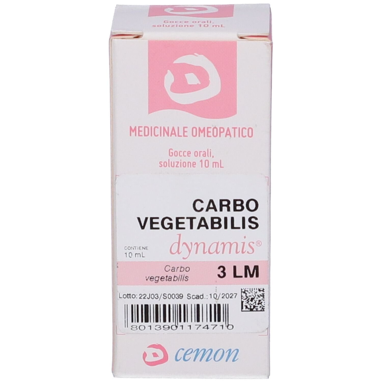 Confezione del prodotto. Scritte: Carbo Vegetabilis, dynamis, 3 LM. Scatola: cemon.