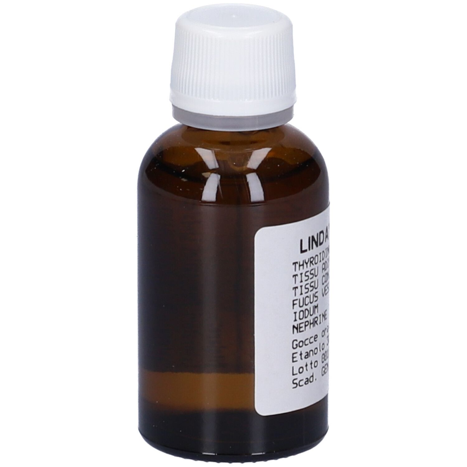 Flacone di vetro marrone con tappo bianco ed etichetta. Scritte: Linda's Cel 21, ingredienti, 30ml, data di scadenza.