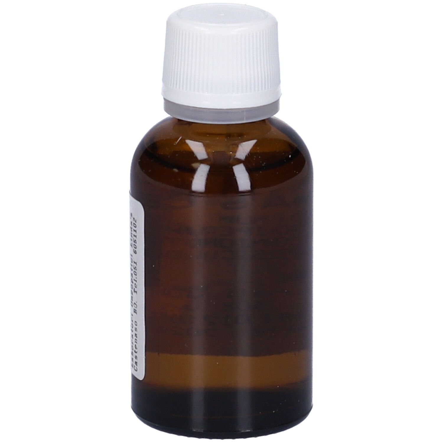 Flacone di vetro marrone con tappo bianco ed etichetta. Scritte: Linda's Cel 21, ingredienti, 30ml, data di scadenza.