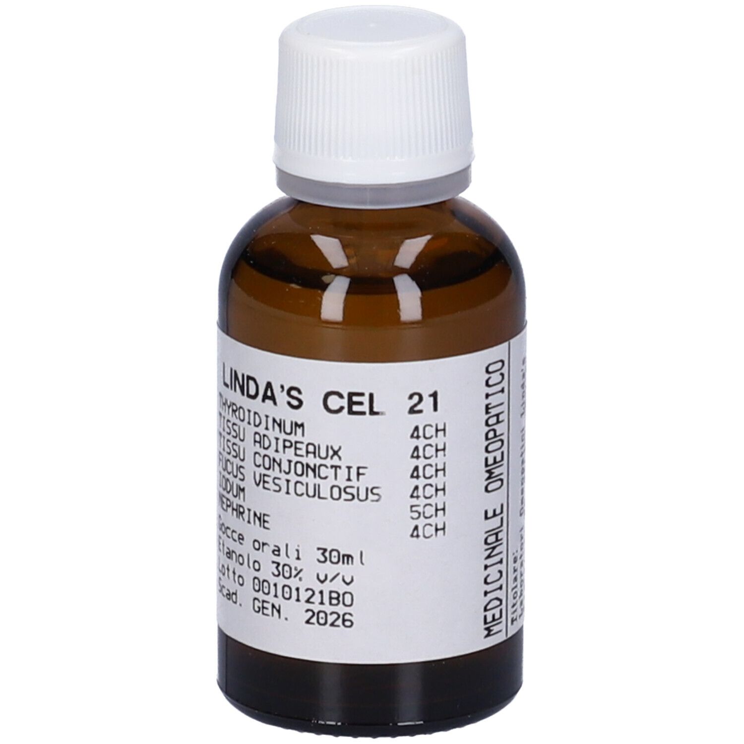 Flacone di vetro marrone con tappo bianco ed etichetta. Scritte: Linda's Cel 21, ingredienti, 30ml, data di scadenza.