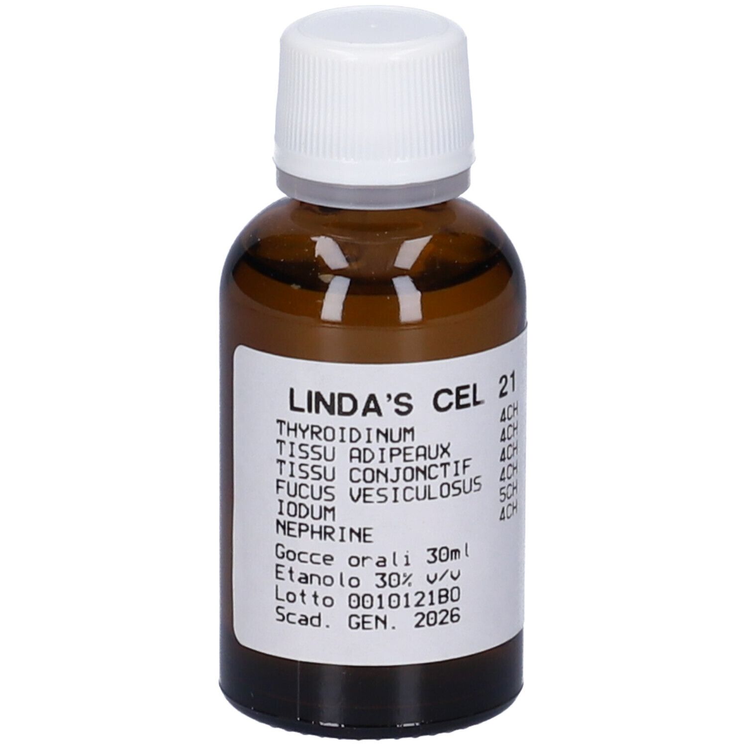 Flacone di vetro marrone con tappo bianco ed etichetta. Scritte: Linda's Cel 21, ingredienti, 30ml, data di scadenza.