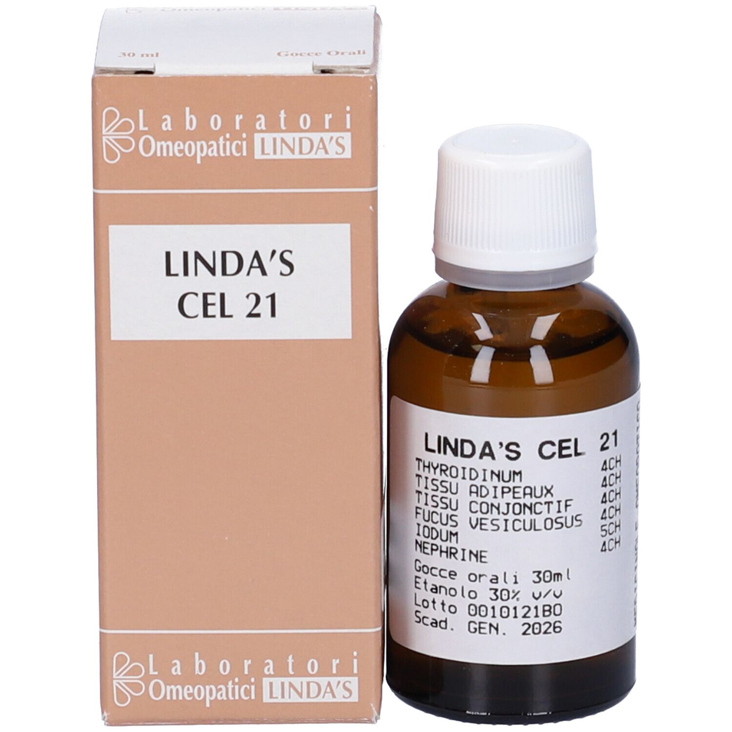Flacone vetro marrone con tappo bianco ed etichetta, accanto a scatola di cartone. Scritte: Linda's Cel 21, ingredienti, 30ml, scadenza.