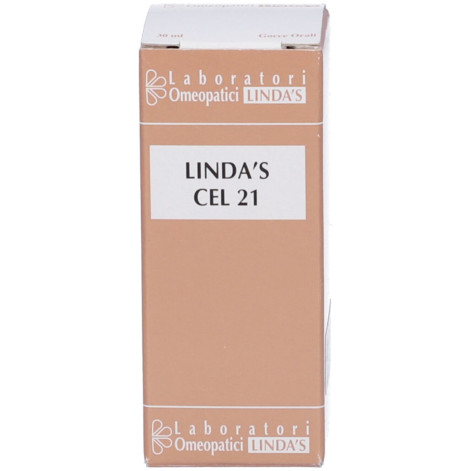 Scatola di cartone con scritta: Linda's Cel 21. Logo: Laboratori Omeopatici Linda's.