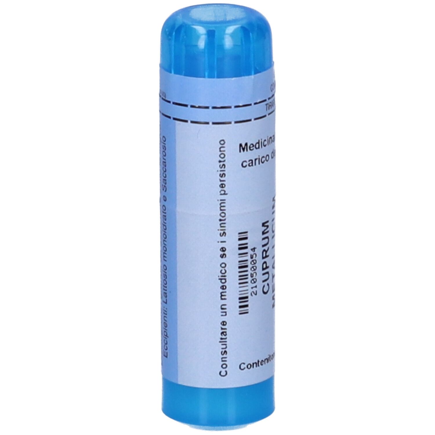 Confezione cilindrica blu e bianca. Testo: 'Consultare un medico se i sintomi persistono'.